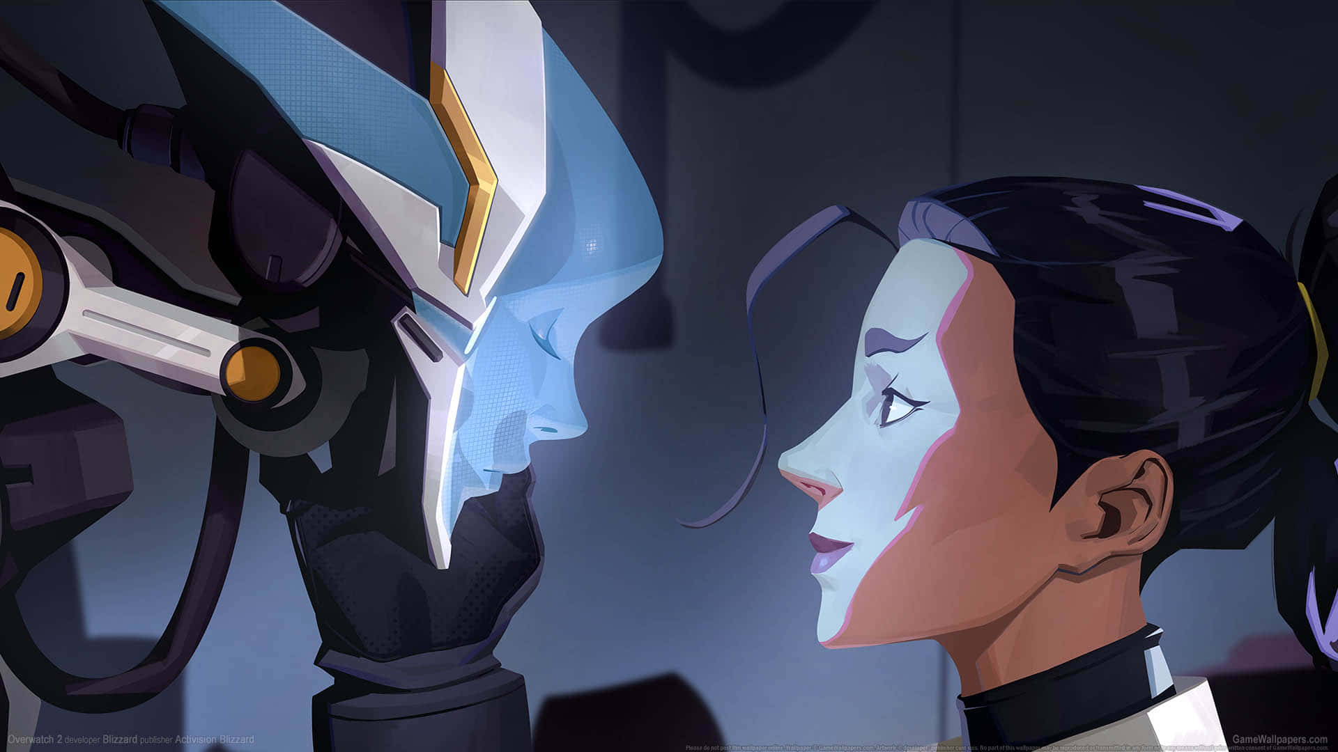1920x1080 Overwatch 桌布 壁紙 — 人類女性與機械實體在昏暗、未來主義的環境中面對面的特寫。