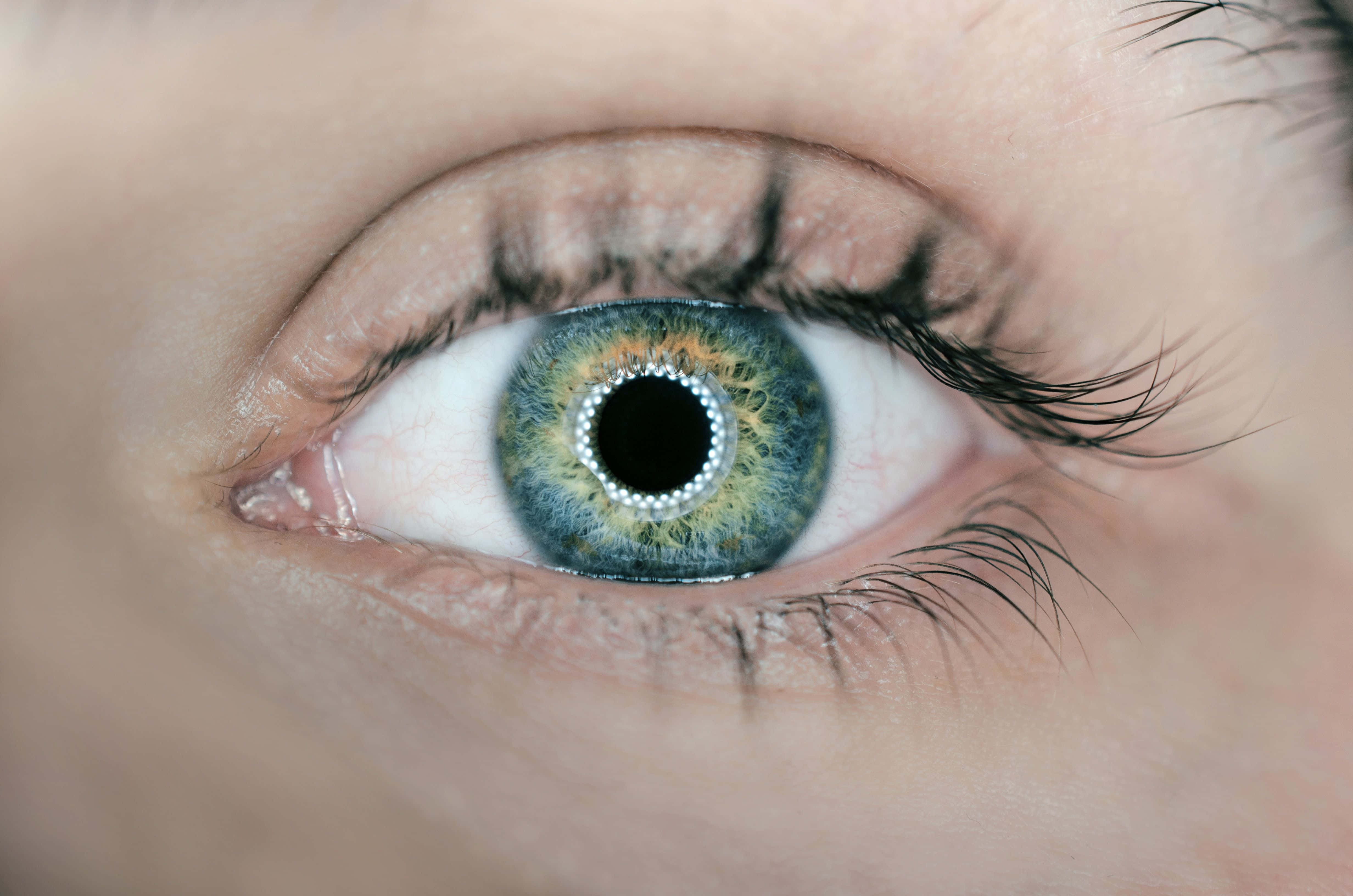 Eyes 桌布 壁紙 — 人類眼睛的極端特寫，帶有鮮明的藍綠色虹膜和細緻的睫毛。