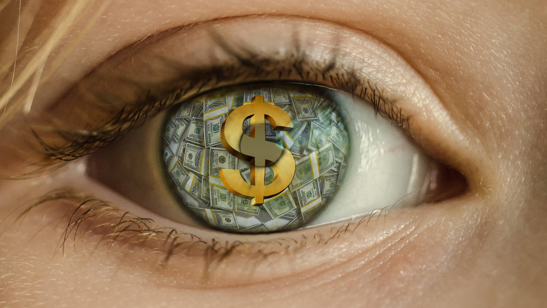 dollar 桌布 壁紙 — 人類眼睛的特寫，一個金色的美元符號漂浮在綠色美元鈔票的背景上。