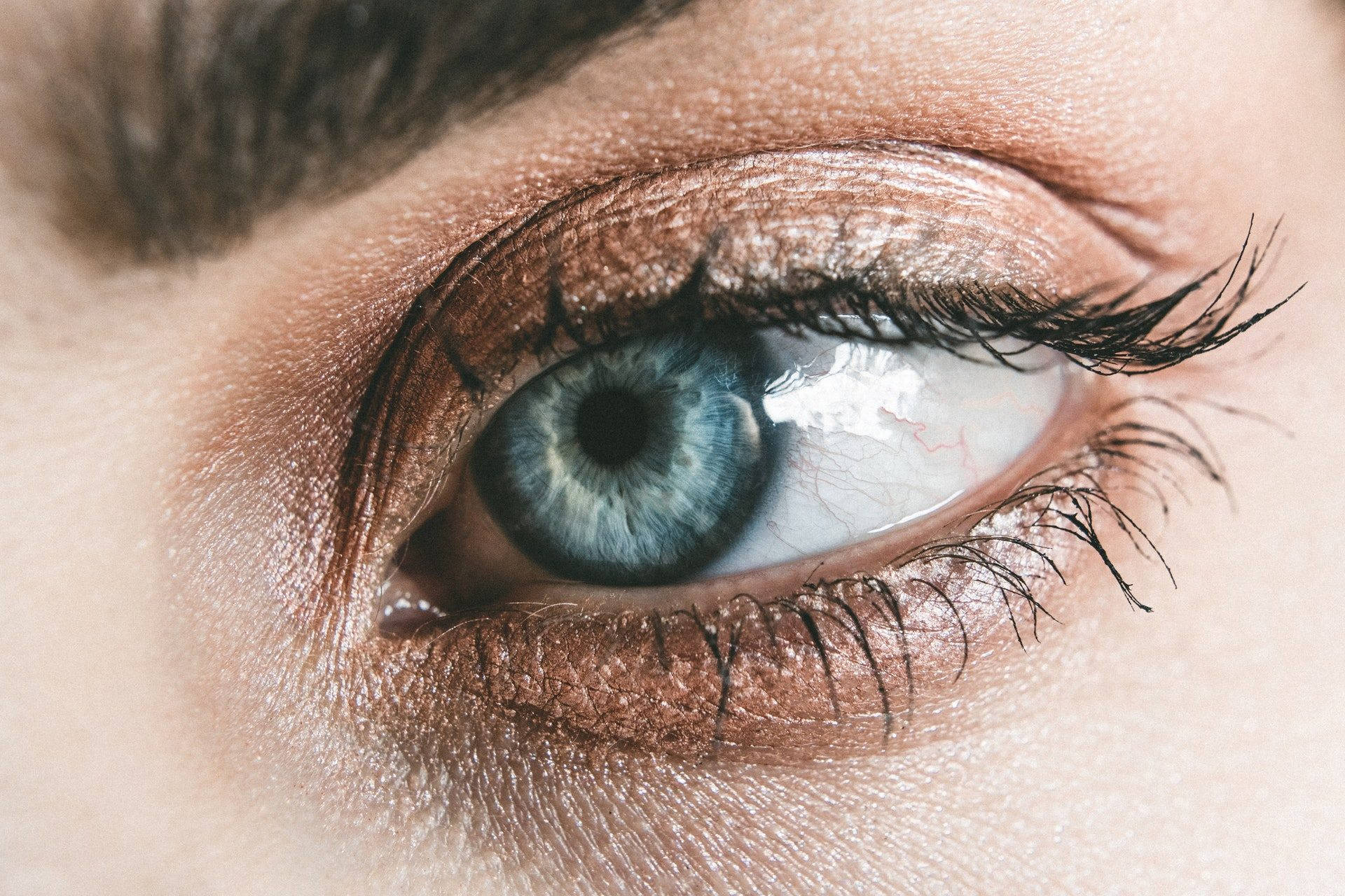 Eye 桌布 壁紙 — 人類眼睛的特寫，帶有引人注目的藍色虹膜和閃爍的青銅色眼影。