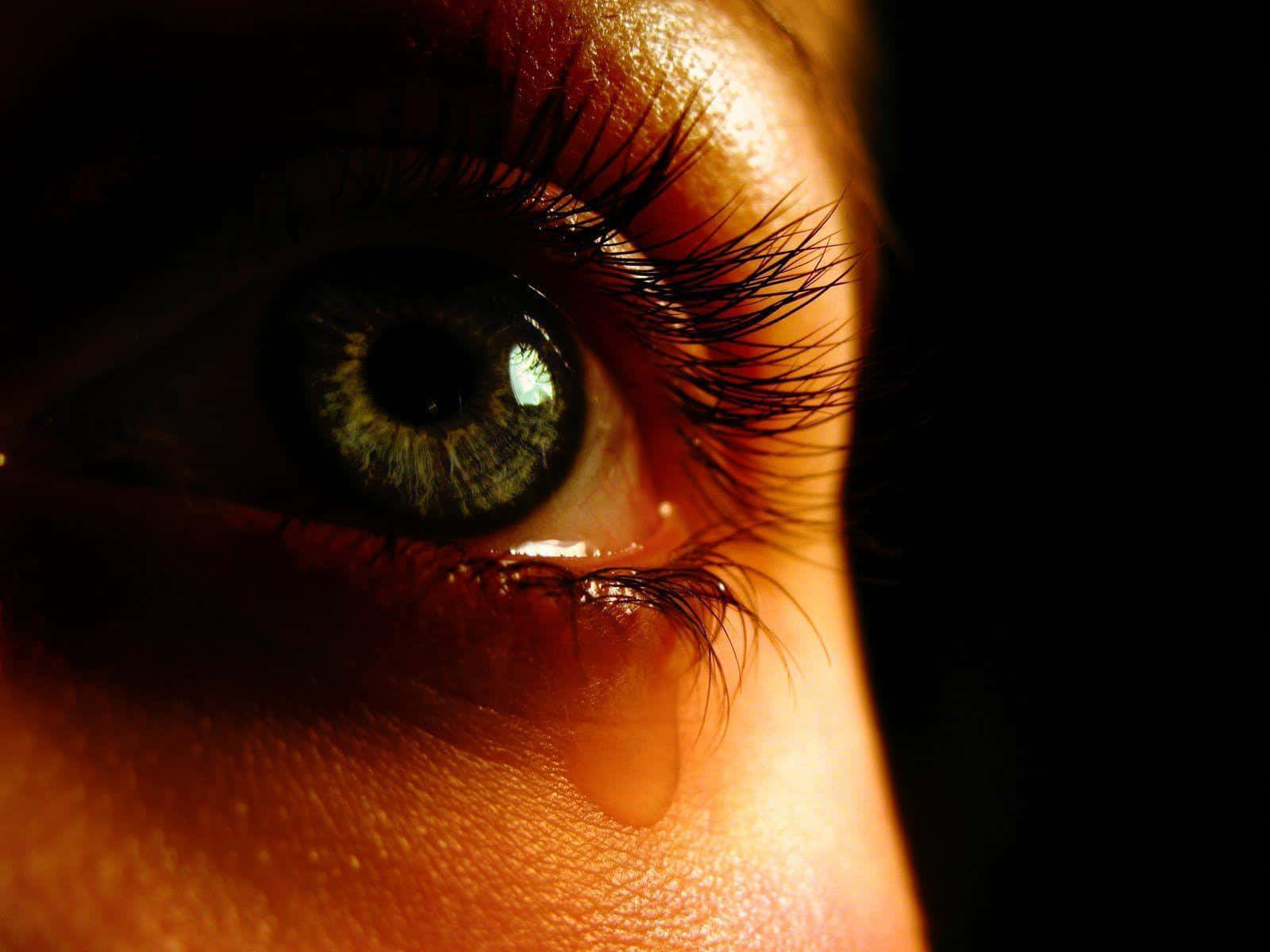 tears 桌布 壁紙 — 人類眼睛的特寫，淚水在溫暖的金色光線下順著臉頰流下，背景為深色。