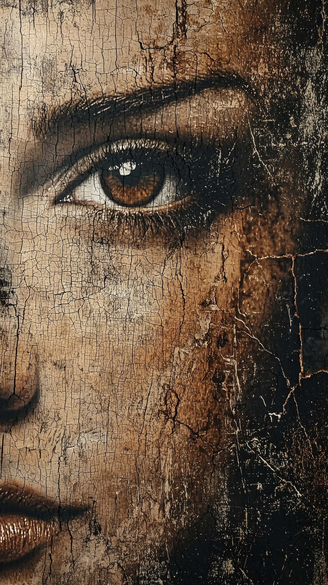 Dramatic portrait with a cracked texture emphasizing a detailed eye, evoking a vintage feeling 壁紙 — 人類眼睛的特寫，虹膜呈棕色，背景是類似老化木材或油漆的龜裂紋理表面。