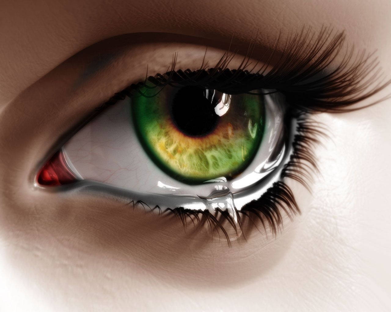 Eyes 桌布 壁紙 — 人類眼睛的超現實特寫，帶有充滿活力的綠色虹膜和一顆淚珠沿著臉頰滾落。