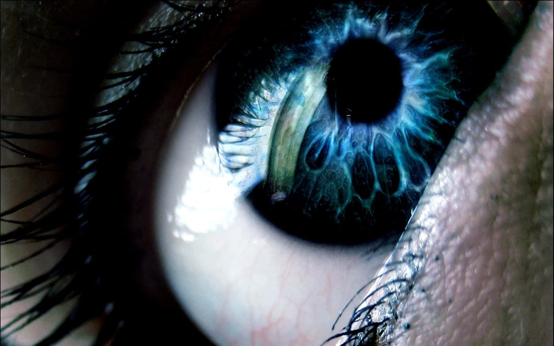 Eyeball 桌布 壁紙 — 人類眼睛的超詳細特寫，帶有電藍色虹膜和深色瞳孔，周圍環繞著長睫毛。