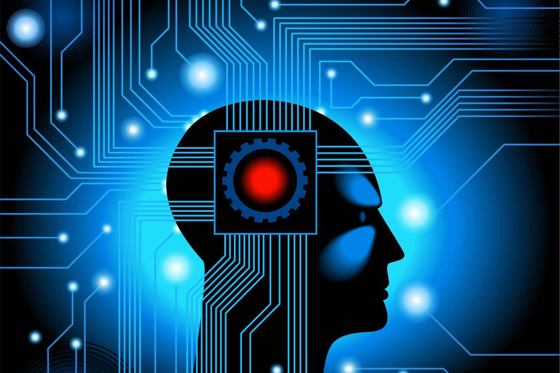 AI 桌布 壁紙 — 人類頭部剪影，融合發光藍色電路和紅色中央齒輪，背景為深色科技風格。
