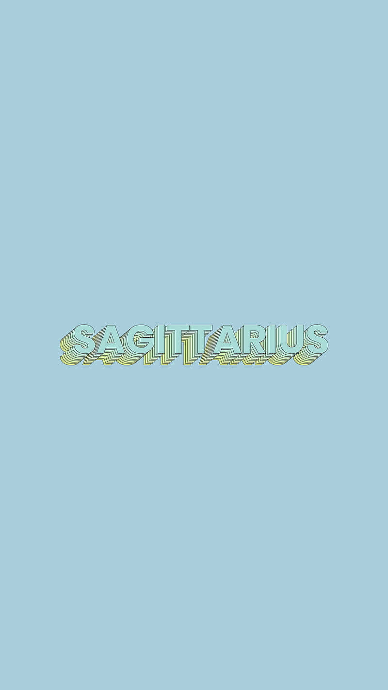 sagittarius 桌布 壁紙 — 「人馬座」一詞以風格化的復古字體呈現，帶有黃色和綠色條紋，背景為淺藍色。