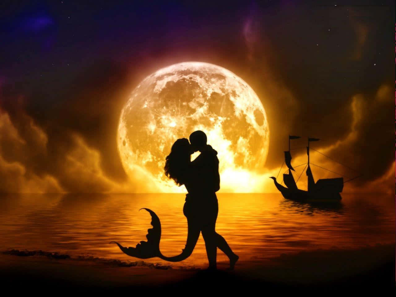 anime kiss 桌布 壁紙 — 人魚與人類在沙灘上接吻，背景是巨大的發光月亮，水中有船。