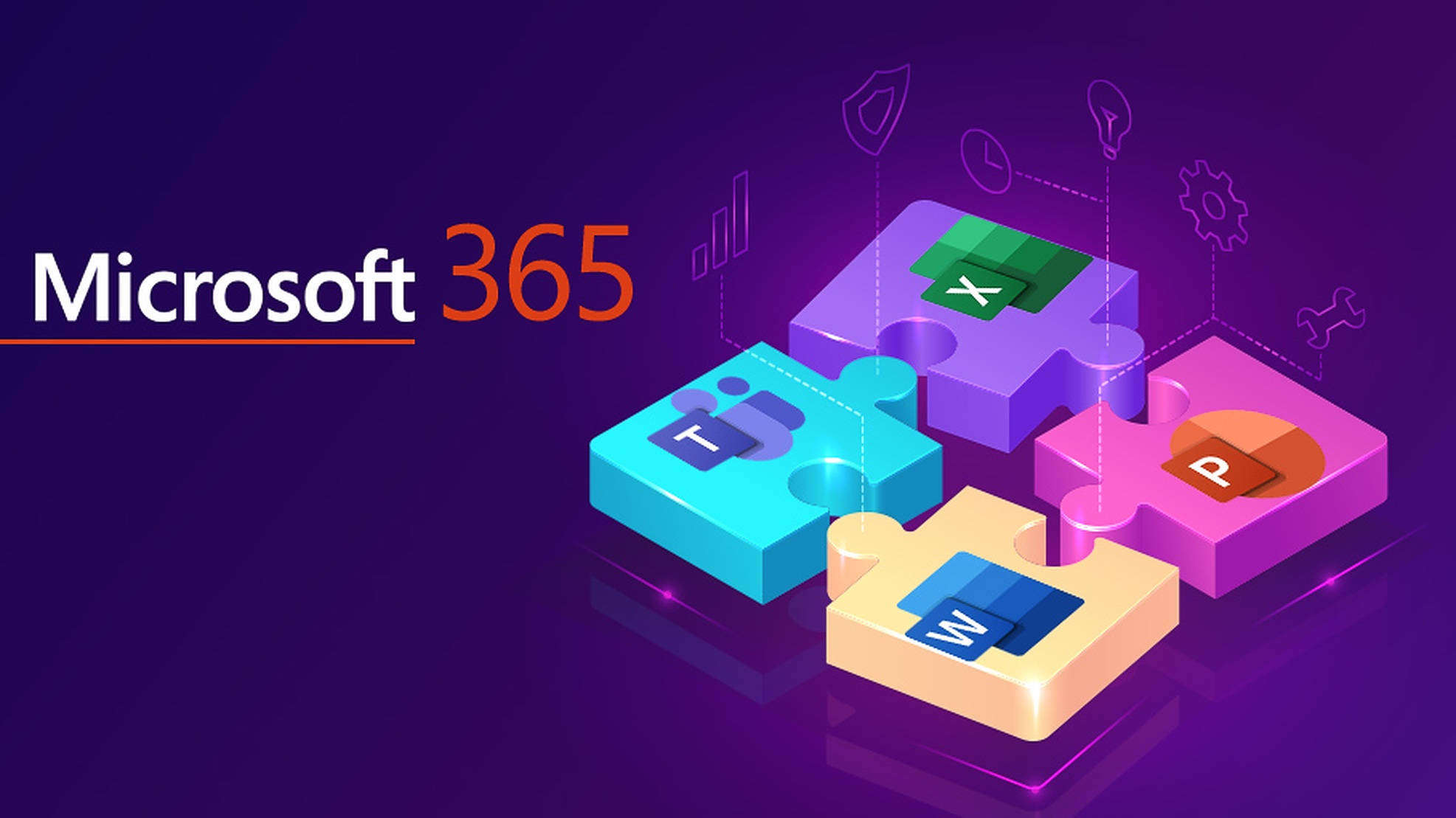 Office 365 桌布 壁紙 — 代表 Microsoft 365 應用程式的鮮豔等距拼圖碎片在深紫色漸變背景上漂浮。