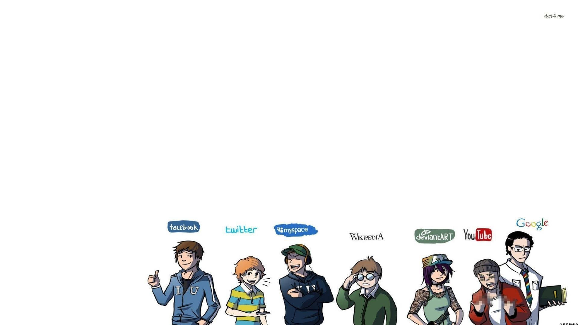 Social 桌布 壁紙 — 代表早期網際網路平台的卡通人物排成一排，背景為純白色。