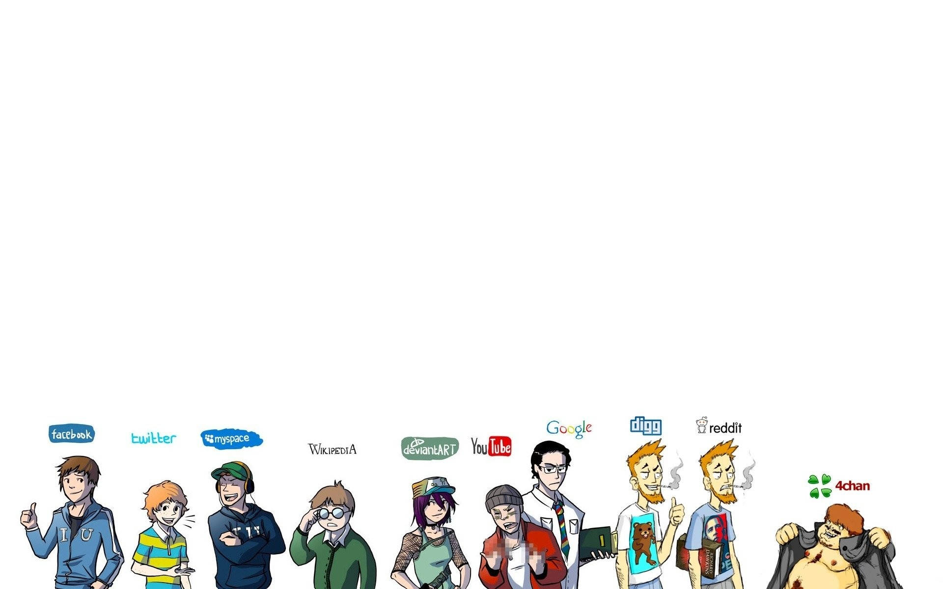 Application 桌布 壁紙 — 代表早期網際網路平台的卡通人物排成一排，背景為純白色。