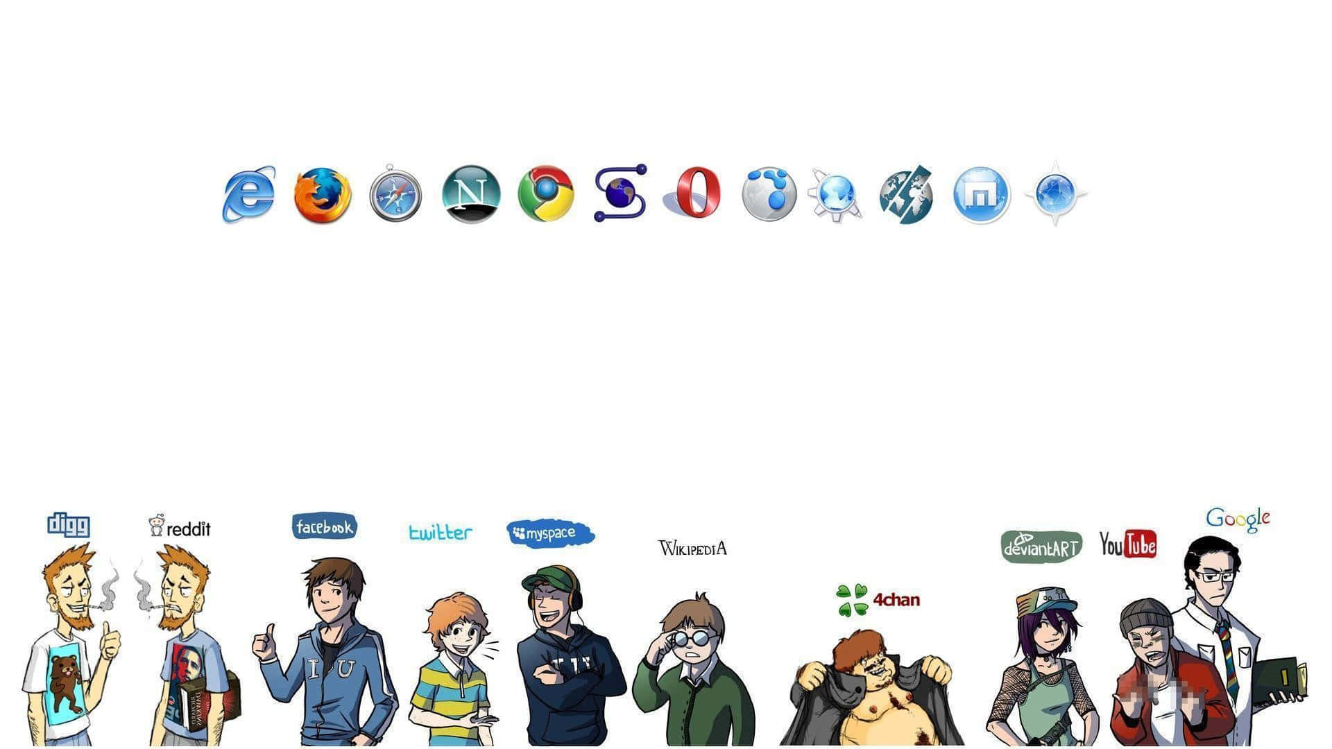 Social Media Icons 桌布 壁紙 — 代表早期網際網路平台的卡通人物站在白色背景上的標誌下方。
