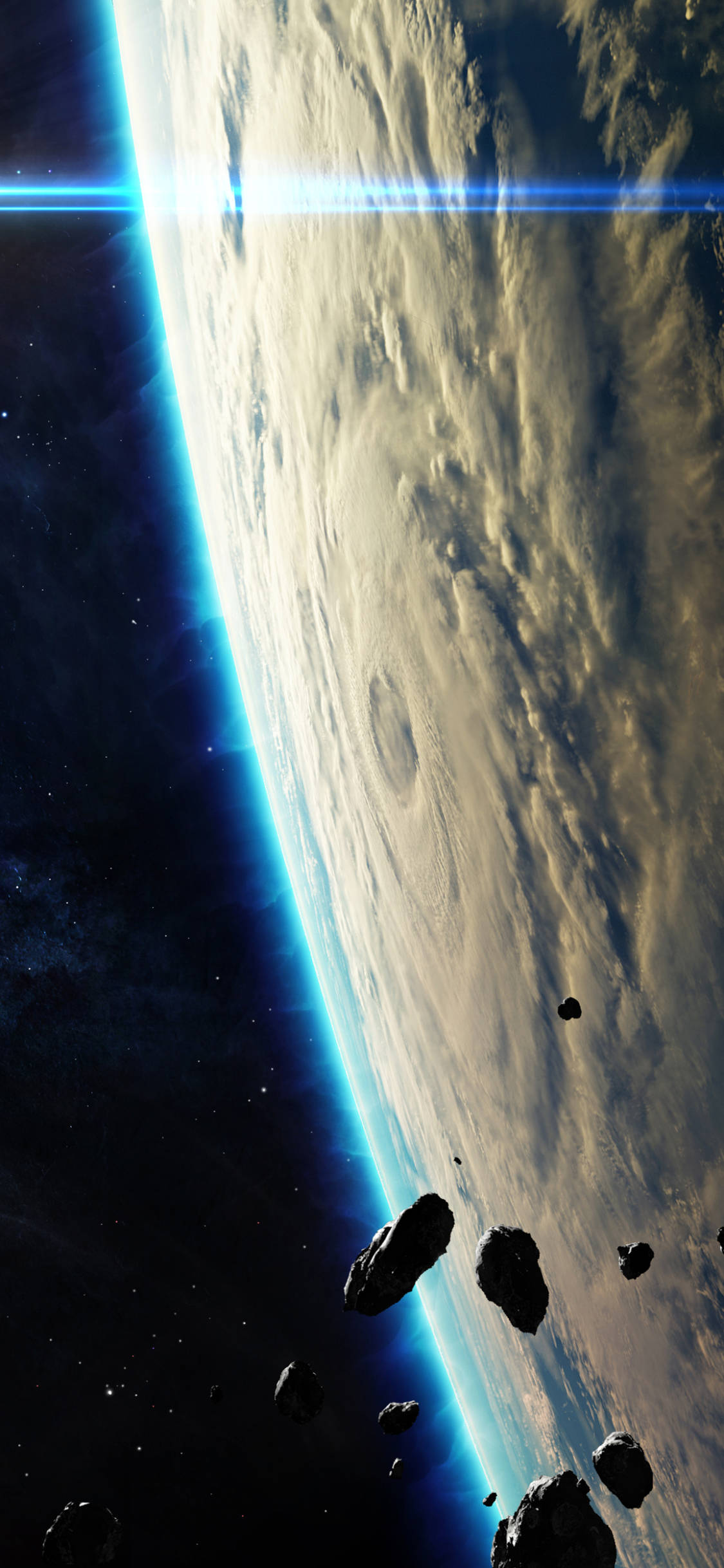 外太空 桌布 壁紙 — 令人嘆為觀止的地球彎曲地平線，散發著藍色大氣的光芒，小行星在繁星點點的虛空中漂流。