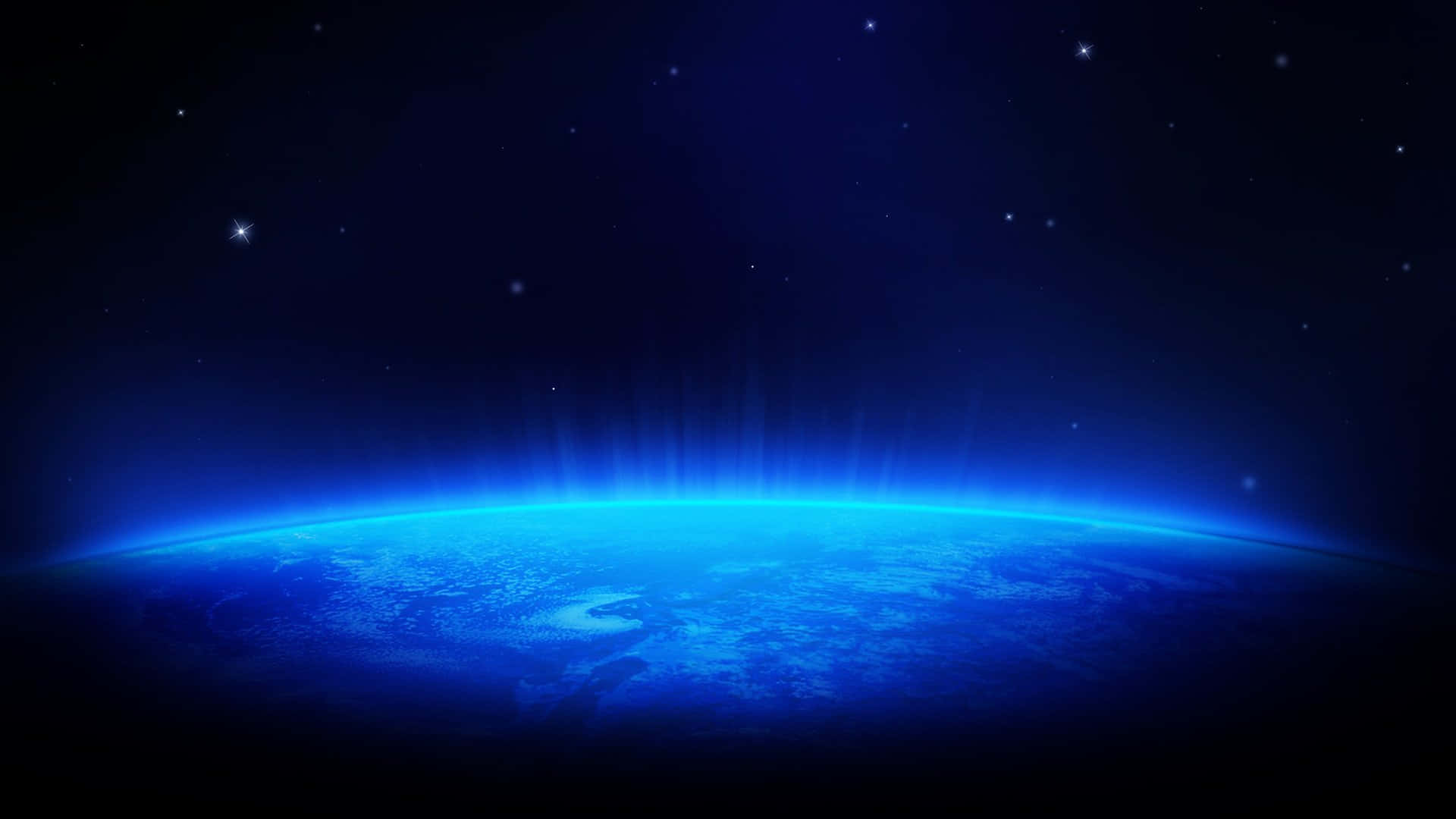 宇宙 桌布 壁紙 — 令人嘆為觀止的地球彎曲地平線景觀，在繁星點點的夜空背景下散發著充滿活力的藍色極光。