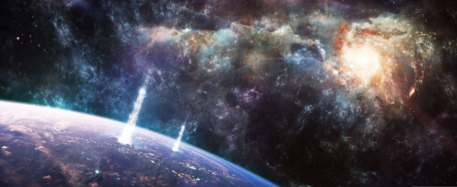 從太空觀看地球，背景有發光的星雲和遙遠的星系。 — 寬螢幕動態圖片 壁紙