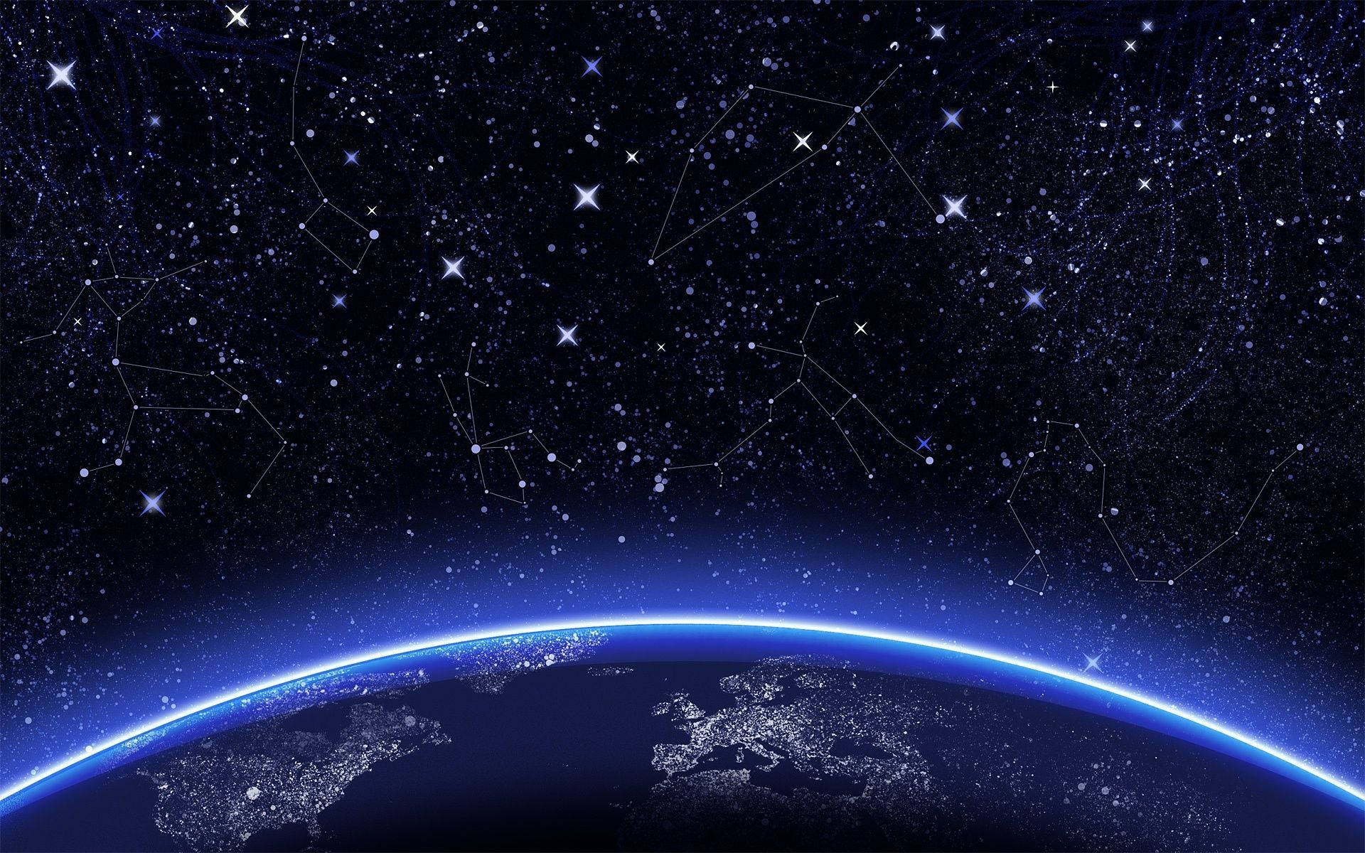 Stars 桌布 壁紙 — 令人嘆為觀止的地球彎曲地平線景觀，在充滿相連星座的廣闊星空下，城市燈光閃爍。