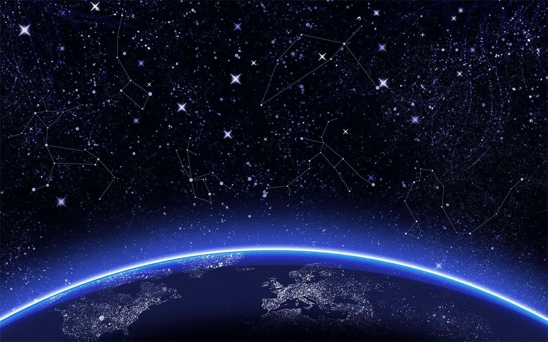 zodiac 桌布 壁紙 — 令人嘆為觀止的地球彎曲地平線景觀，在充滿相連星座的廣闊星空下，城市燈光閃爍。