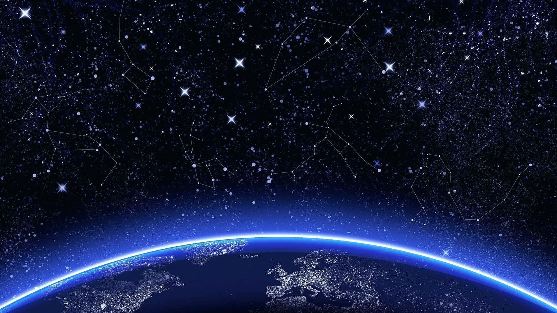 Blue Star 桌布 壁紙 — 令人嘆為觀止的地球彎曲地平線景觀，城市燈光閃爍，襯托著充滿相連星座的星空夜空。