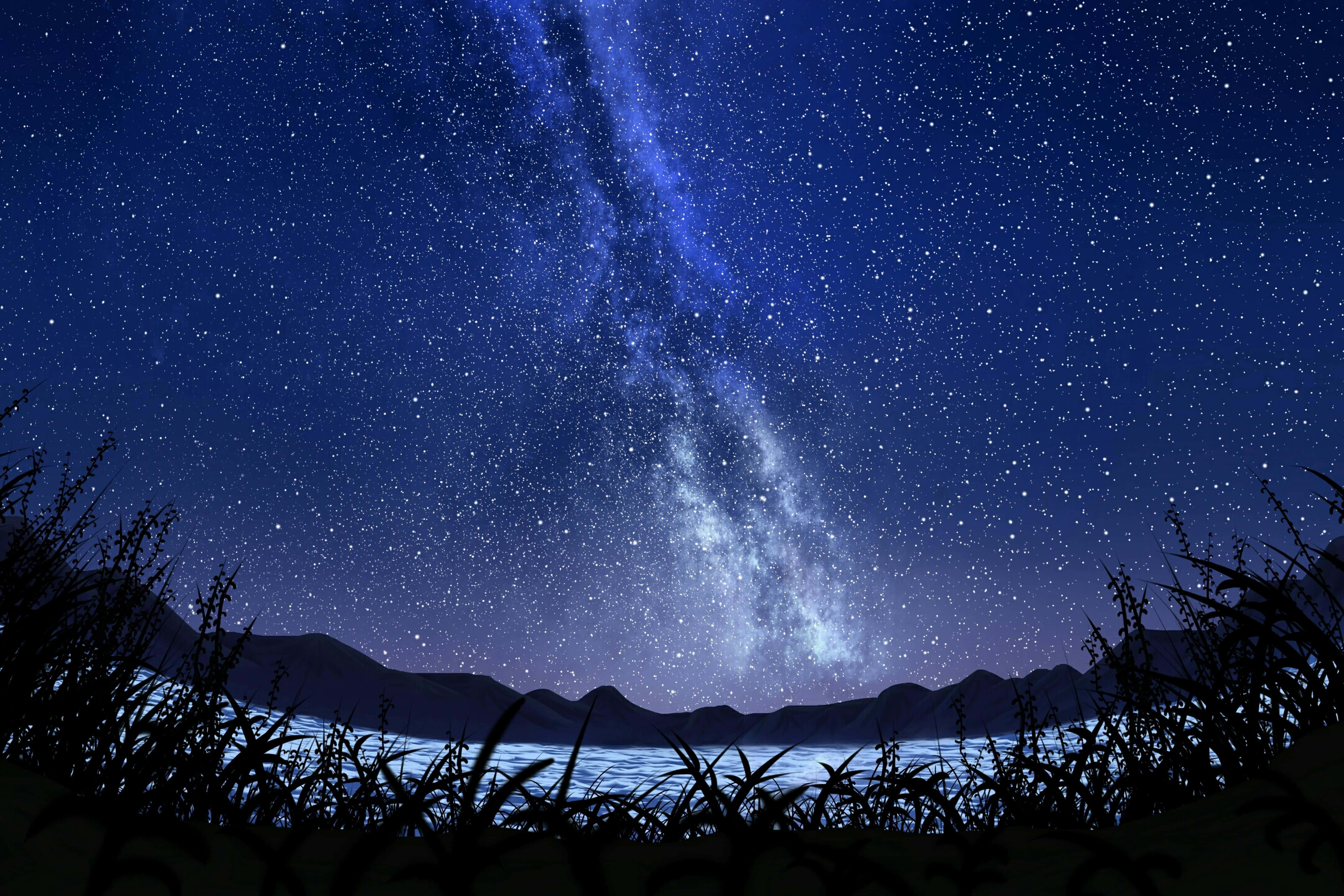 夜空 桌布 壁紙 — 令人嘆為觀止的夜空，滿天繁星，銀河橫跨在平靜的湖面和輪廓分明的山脈之上。