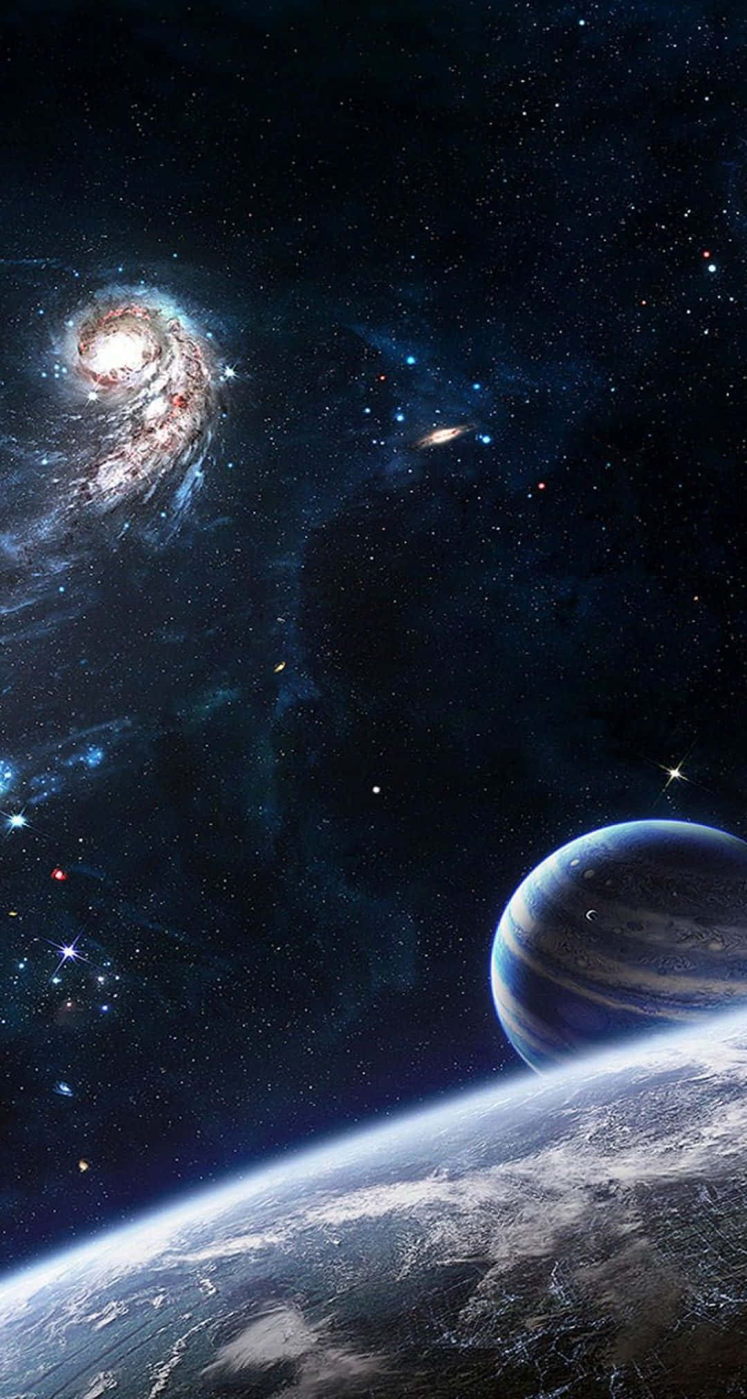 太空 桌布 壁紙 — 令人嘆為觀止的宇宙景觀，展示了地球彎曲的地平線、一顆遙遠的行星，以及一個充滿活力的螺旋星系，背景是繁星點點的虛空。