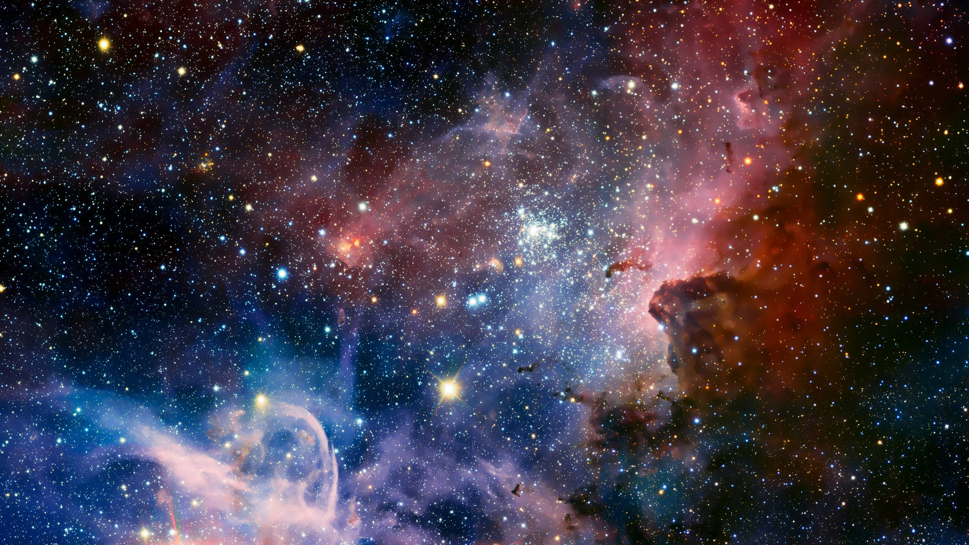 宇宙美學 桌布 壁紙 — 令人嘆為觀止的宇宙景觀，發光的星雲和無數恆星在深空中旋轉。
