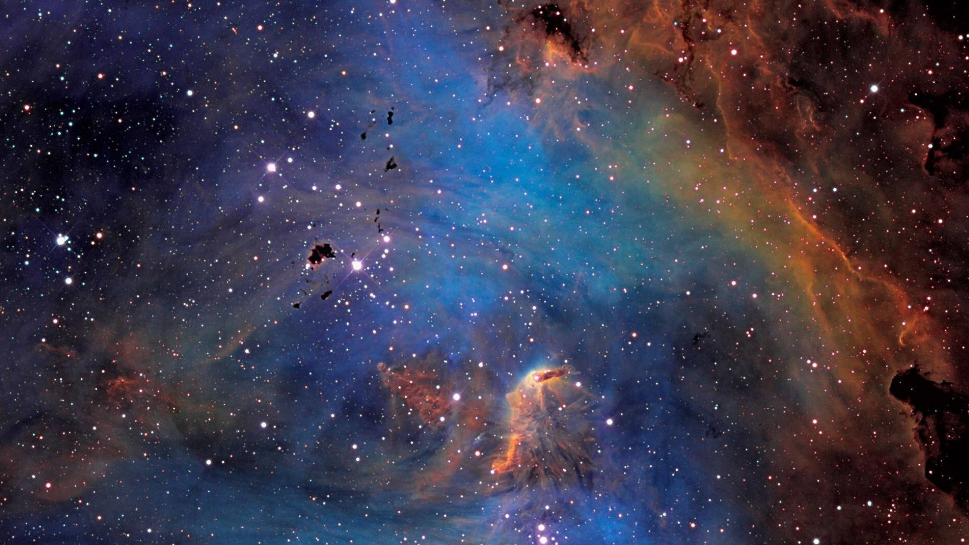 宇宙 桌布 壁紙 — 令人嘆為觀止的宇宙景觀，發光的星雲和無數恆星在深藍色和火橙色中旋轉。