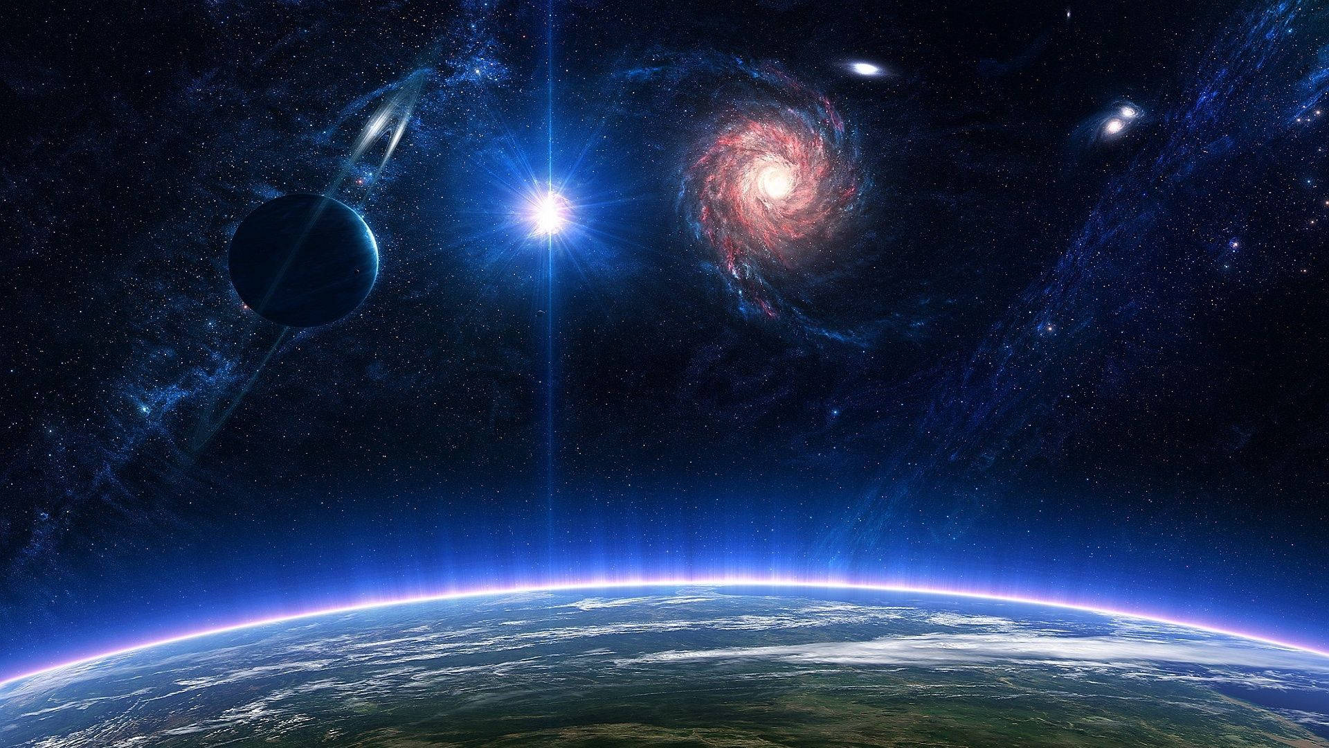 Stars 桌布 壁紙 — 令人嘆為觀止的宇宙景觀顯示了地球彎曲的地平線，在繁星點點的背景下，藍色極光閃爍，其中有一顆明亮的恆星、一顆行星和一個旋轉的星系。