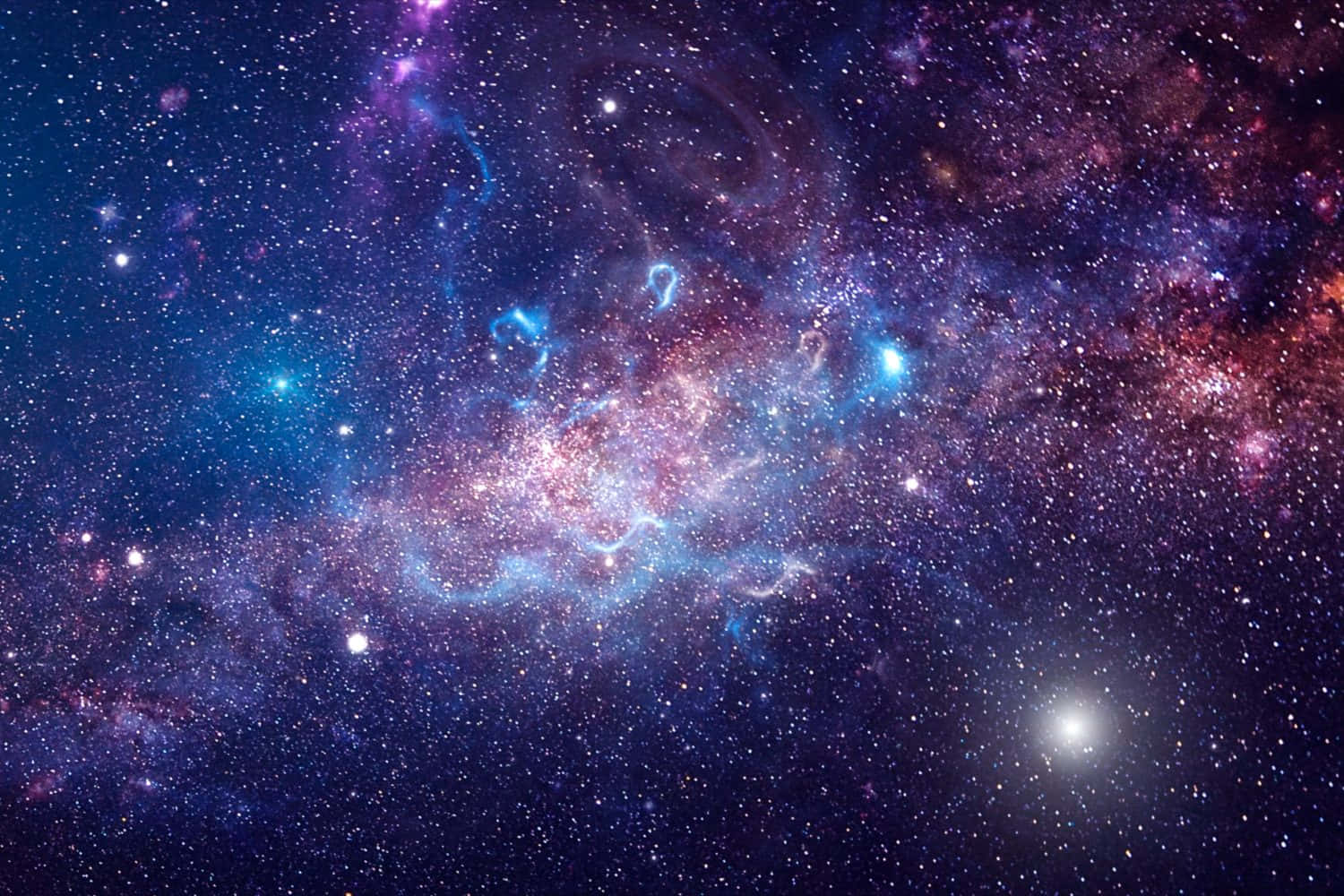 太空 桌布 壁紙 — 令人嘆為觀止的宇宙景象，星雲在繁星點點的深空背景下旋轉，發出電藍色和粉紅色的光芒。