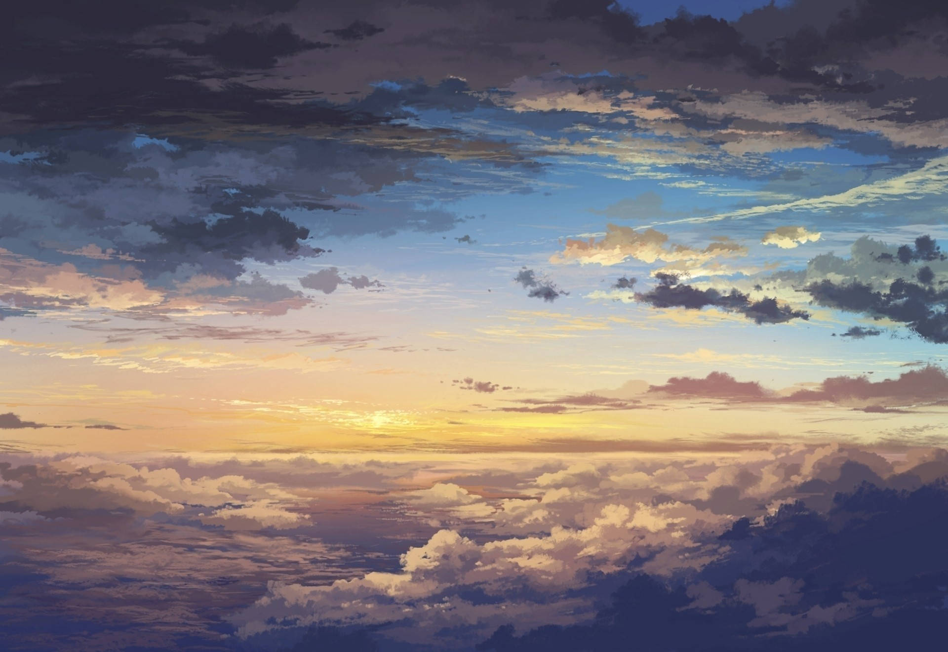 Makoto Shinkai 桌布 壁紙 — 令人嘆為觀止的日落將天空染成溫暖的金色和柔和的紫色，雲朵在地平線上飄移。
