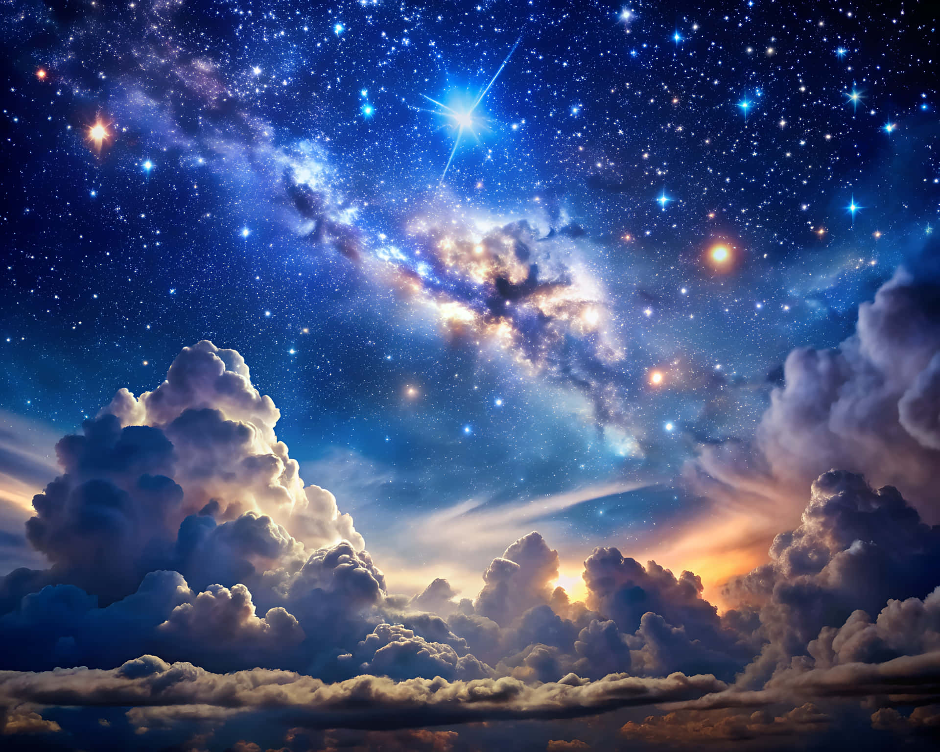 Sky with stars 壁紙 — 令人嘆為觀止的星空夜景，充滿活力的銀河在戲劇性的雲層上方拱起，雲層被溫暖的日落色調照亮。