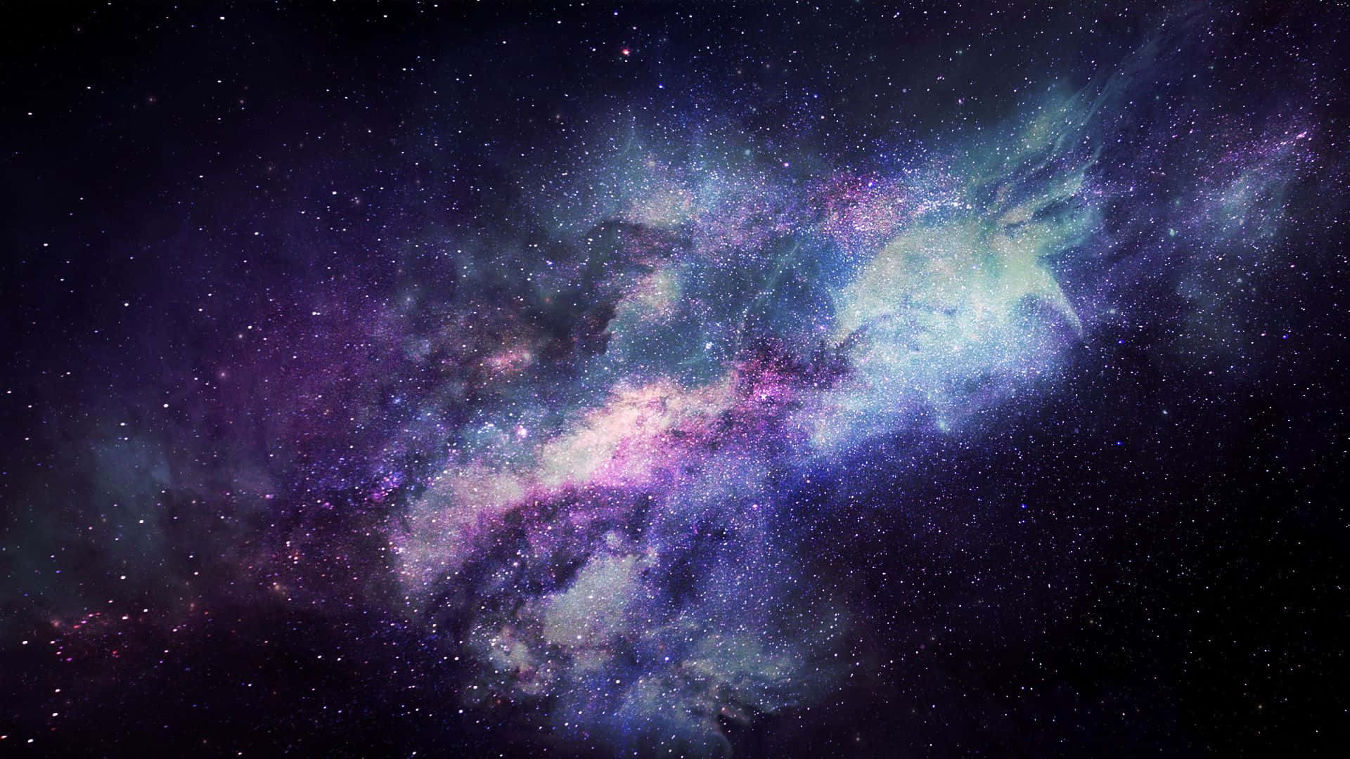 Clouds Aesthetics 桌布 壁紙 — 令人嘆為觀止的景色，一個充滿活力的紫色和藍色星雲，在深邃的宇宙黑色背景上與星星旋轉。