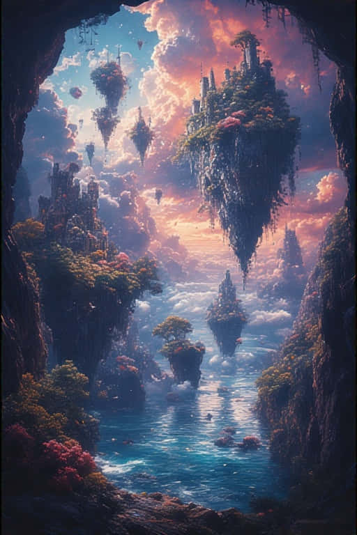 Fantasy Dreamscape Glowing Floating Islands in Surreal Colors 壁紙 — 令人嘆為觀止的景色，浮島上擁有茂密的森林和古老的遺跡，懸掛在充滿活力的天空中，下方是寧靜的藍色河流。