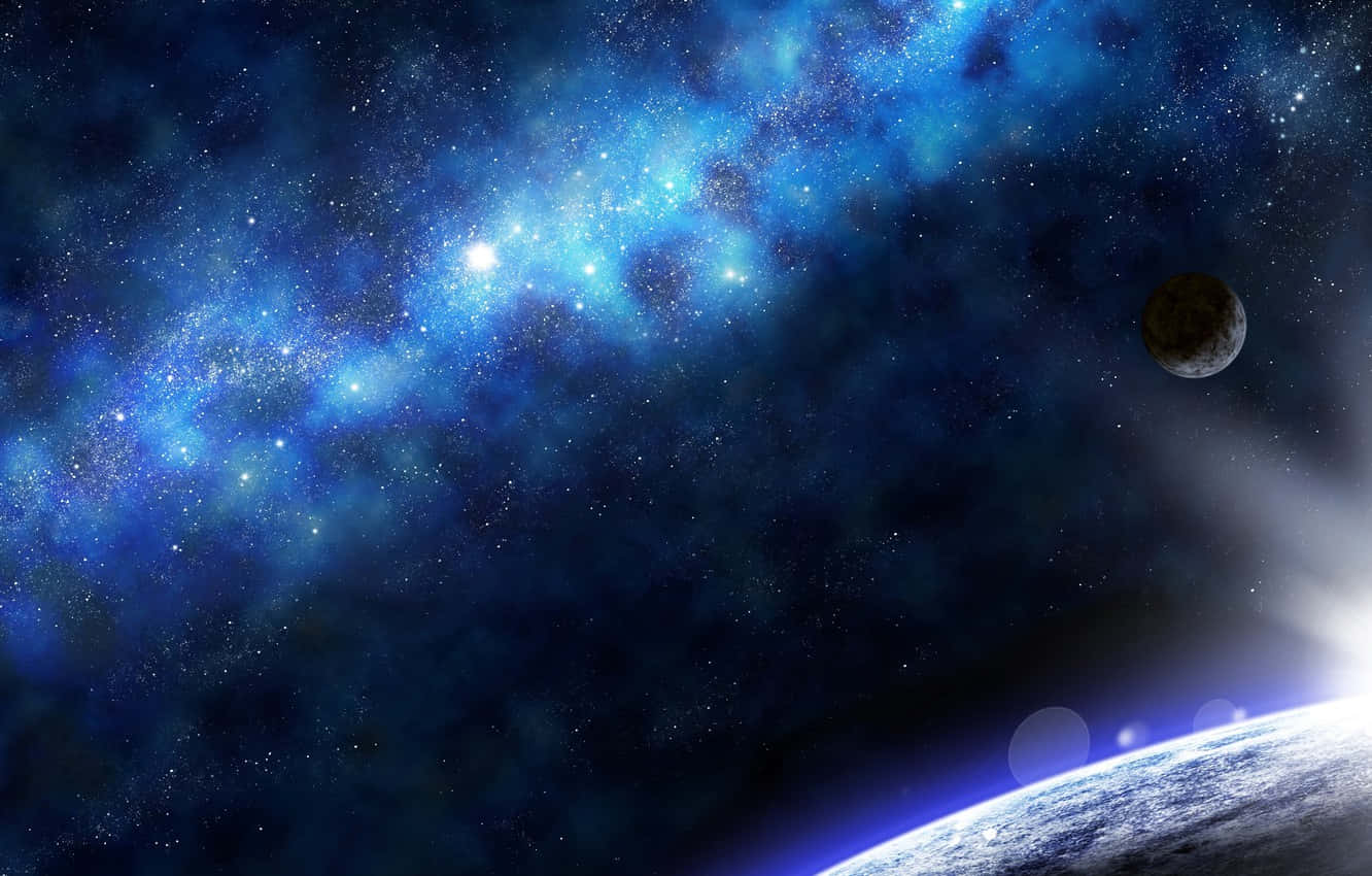 iPhone 桌布 壁紙 — 令人嘆為觀止的景象：藍色星雲在行星彎曲的地平線上方發光，伴隨著遙遠的月亮和明亮的星星。