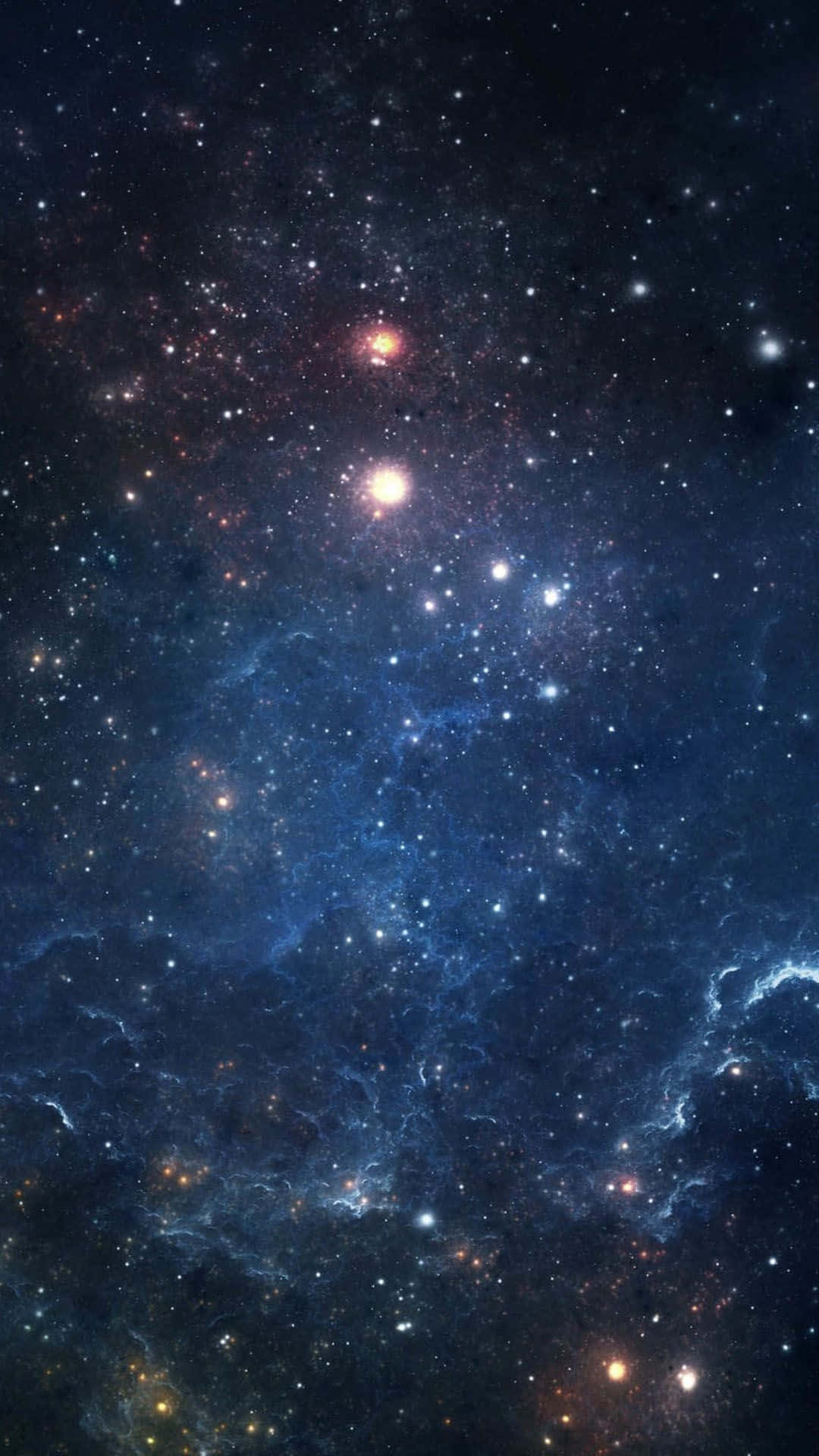 智慧型手機 桌布 壁紙 — 令人嘆為觀止的深藍色宇宙星雲景觀，充滿了發光的恆星和旋轉的星際塵埃雲。