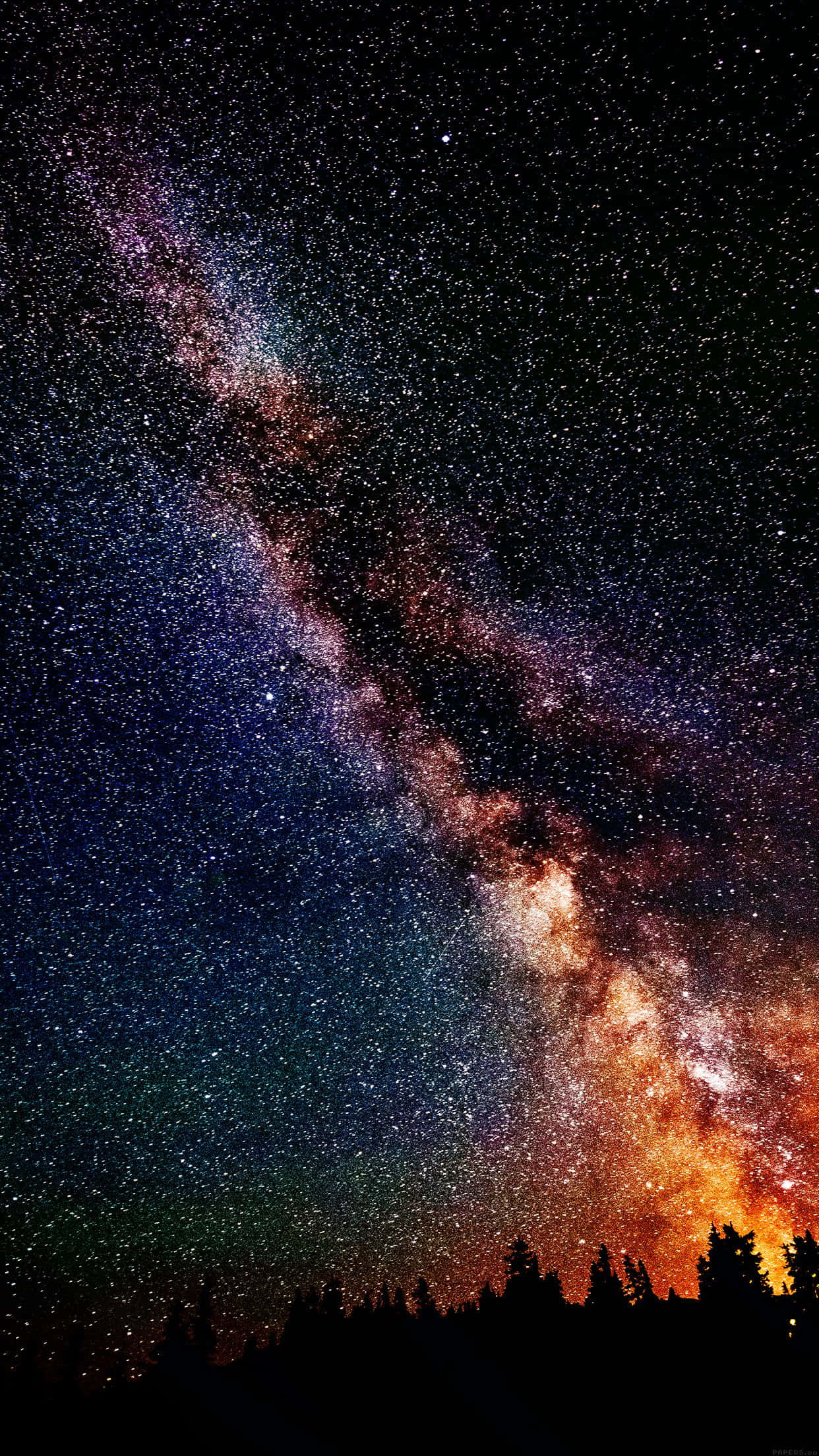 Galaxy Stars 桌布 壁紙 — 令人嘆為觀止的銀河系在星空夜空中拱起，越過黑暗森林輪廓的景象。