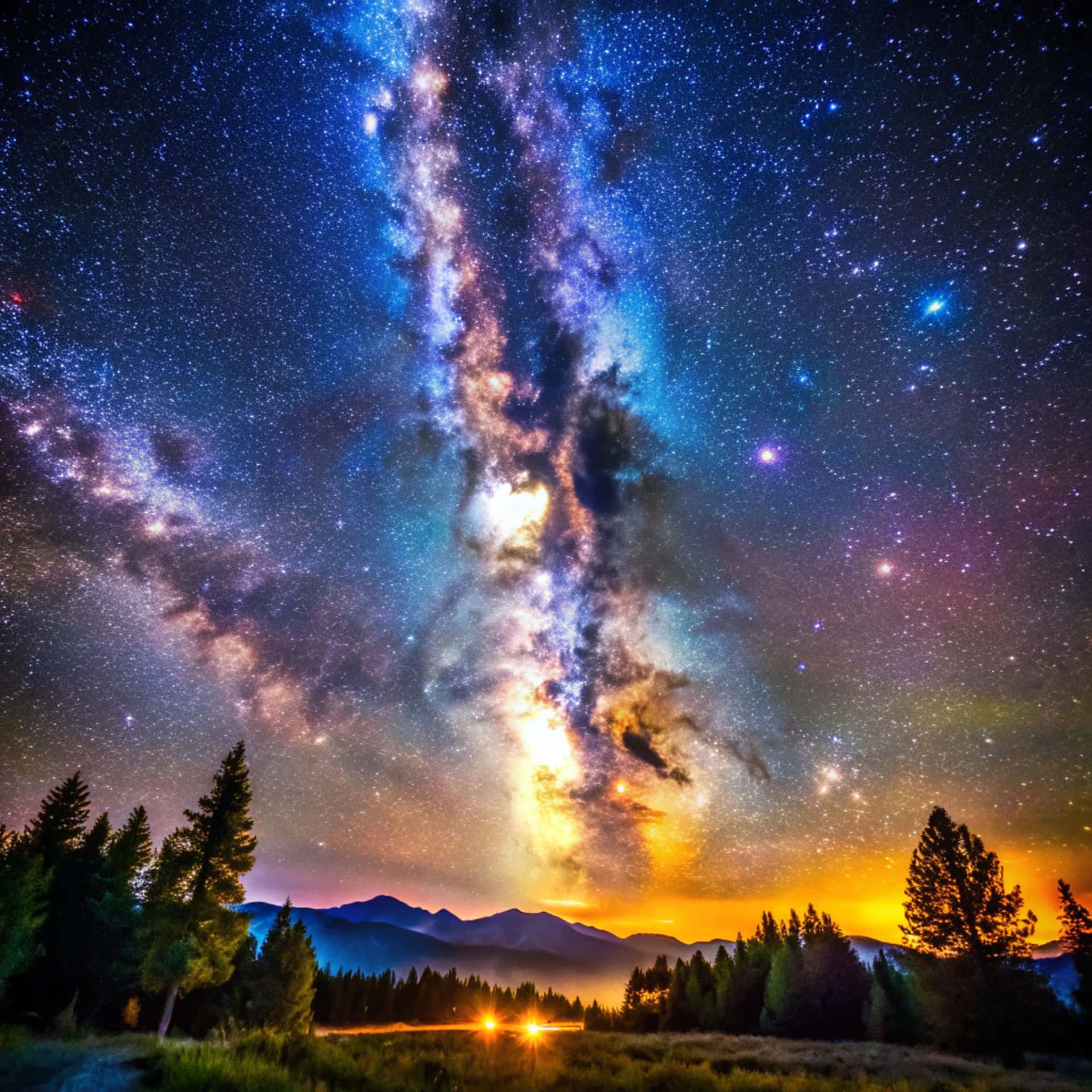 Night view of the galaxy 壁紙 — 令人嘆為觀止的銀河系景觀，在繁星點點的夜空中拱形跨越森林覆蓋的山脈，地平線呈現發光的橙色。