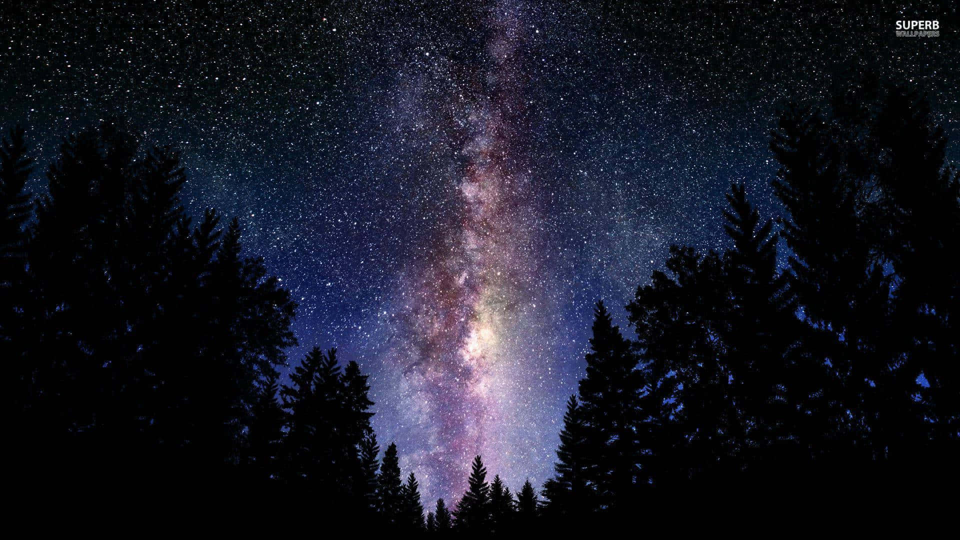 Trippy Galaxy 桌布 壁紙 — 令人嘆為觀止的銀河系景觀，在黑暗森林剪影上方散發著紫色和藍色光芒。