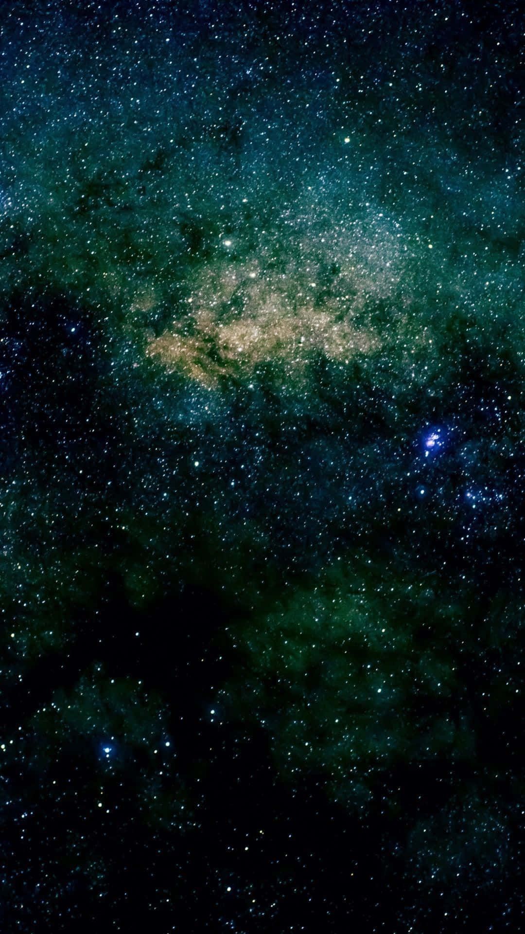 桌布 壁紙 — 令人嘆為觀止的銀河系景觀，金色星星在深藍綠色和黑色宇宙背景下閃耀。