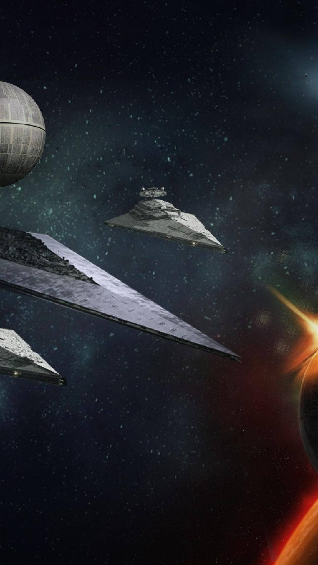 Star Wars Cell Phone 桌布 壁紙 — 令人敬畏的星際驅逐艦和死星在發光行星附近的星域中滑行。