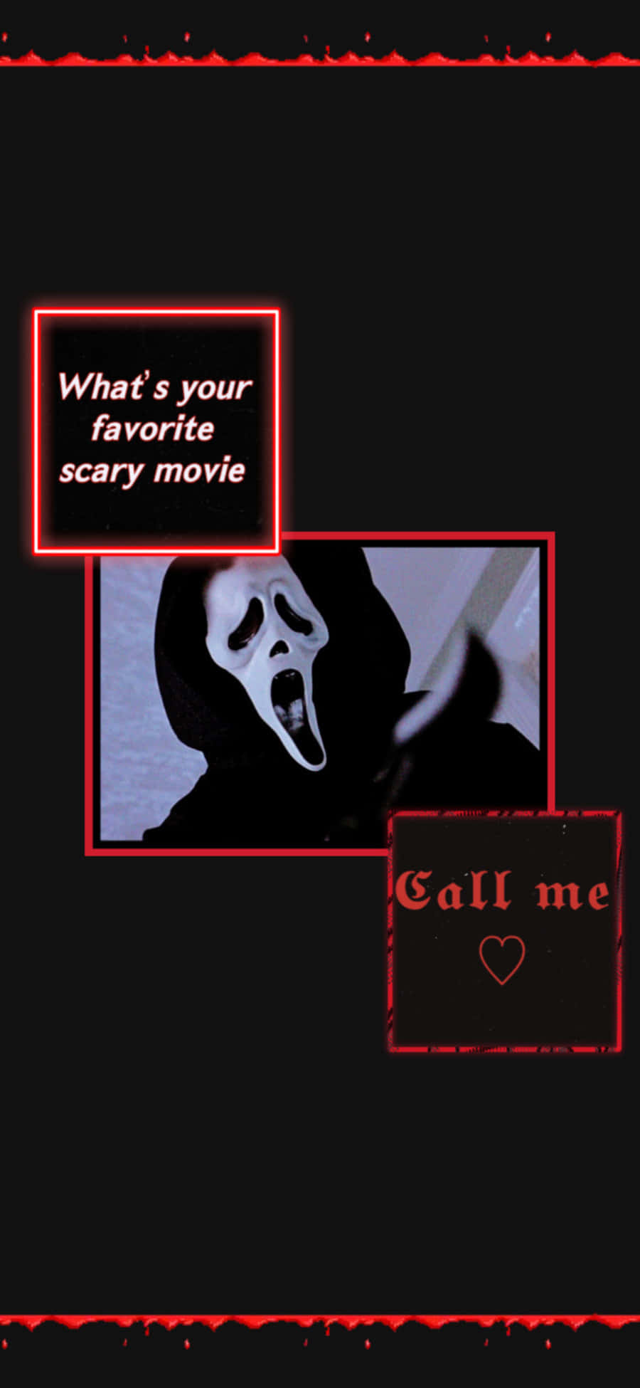 Ghostface Aesthetic 桌布 壁紙 — 令人毛骨悚然的恐怖桌布， featuring Ghostface 面具和紅色霓虹文字框，詢問你最喜歡的恐怖電影。