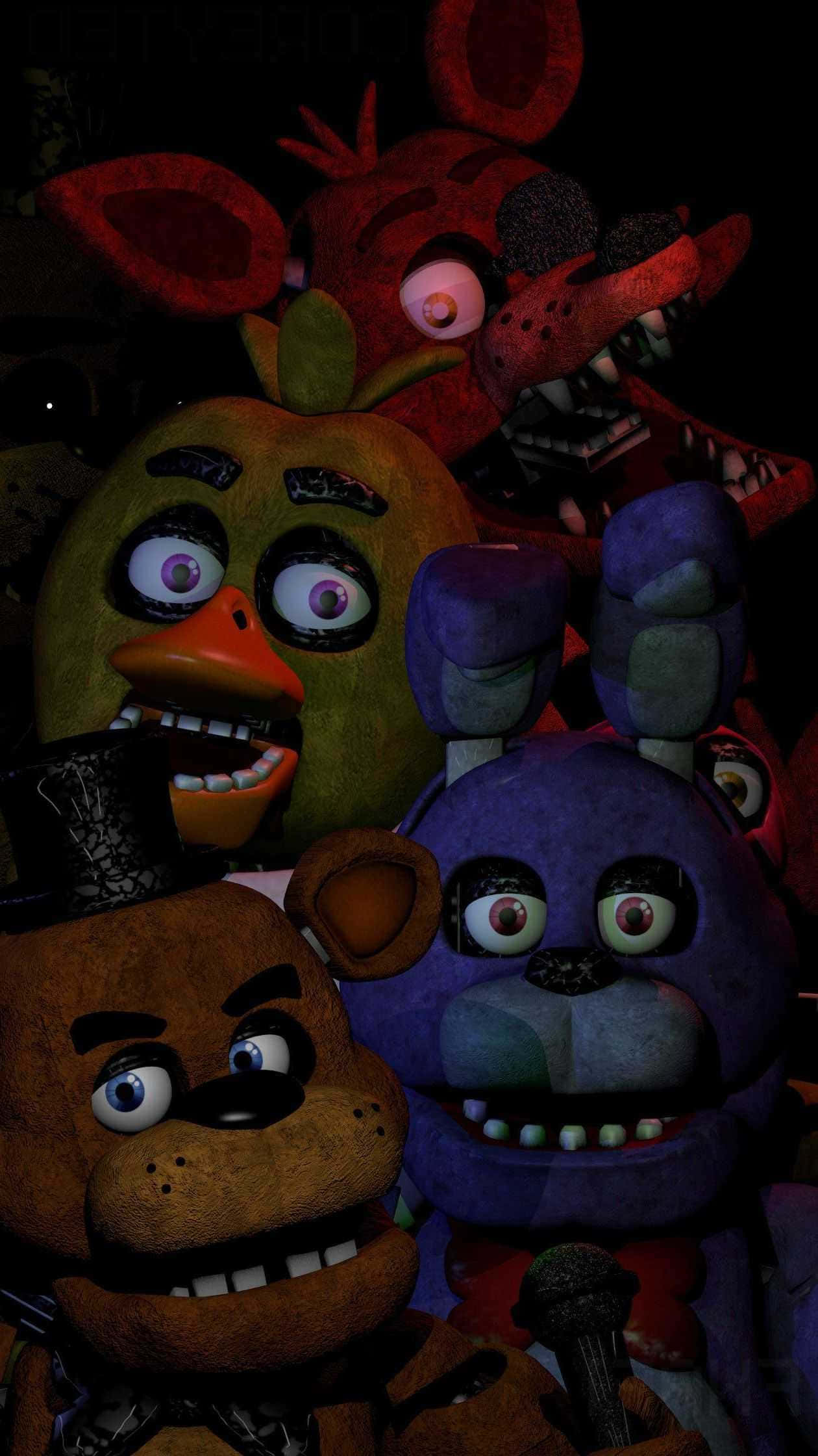 Cute Fnaf 桌布 壁紙 — 令人毛骨悚然的電子動畫角色，有著大眼睛和鋒利的牙齒，在黑暗陰影的環境中威脅地凝視著。