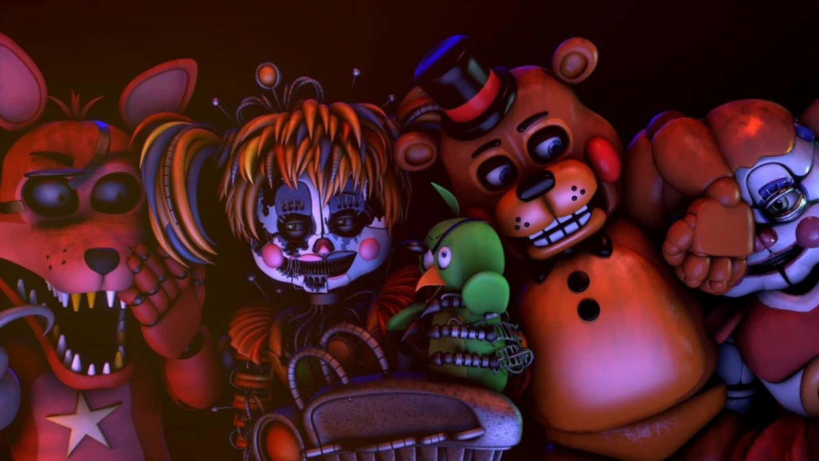 Scrap Baby 桌布 壁紙 — 令人毛骨悚然的電子動畫角色，眼睛發光，牙齒鋒利，擠在昏暗陰森的環境中。