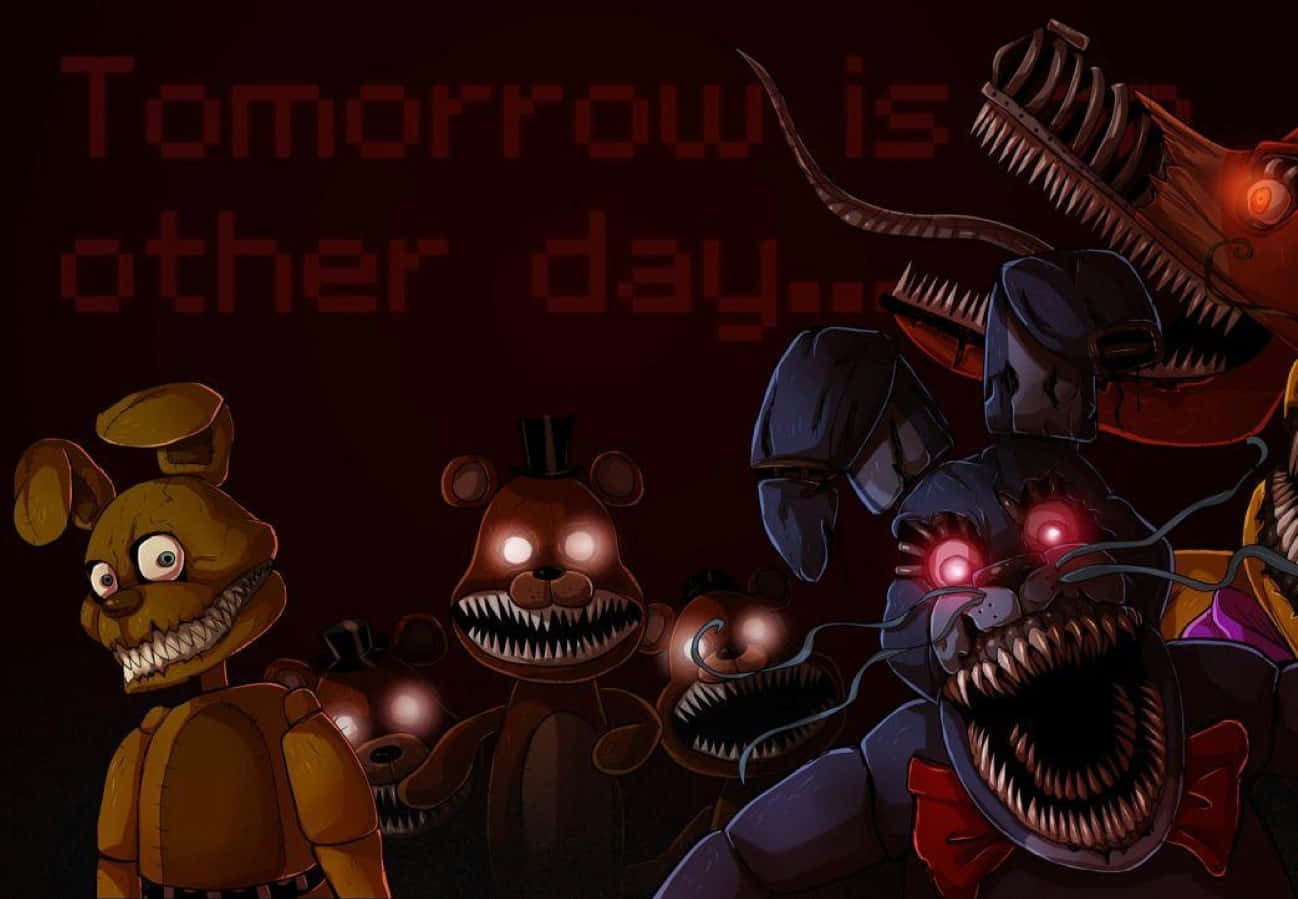 Animatronics 桌布 壁紙 — 令人毛骨悚然的電子動畫角色，眼睛發光，牙齒鋒利，在帶有像素化文字的深紅色背景下威脅地凝視著。