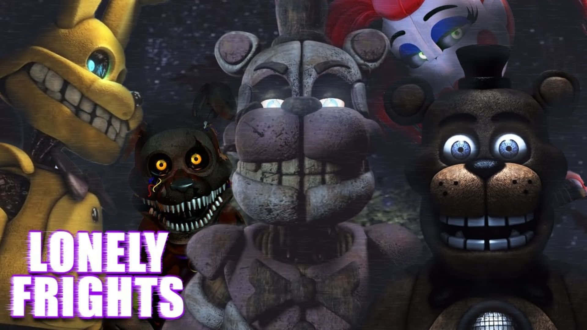 Fazbear Frights 桌布 壁紙 — 令人毛骨悚然的電子動畫角色，眼睛發光，在黑暗詭異的環境中威脅地凝視。
