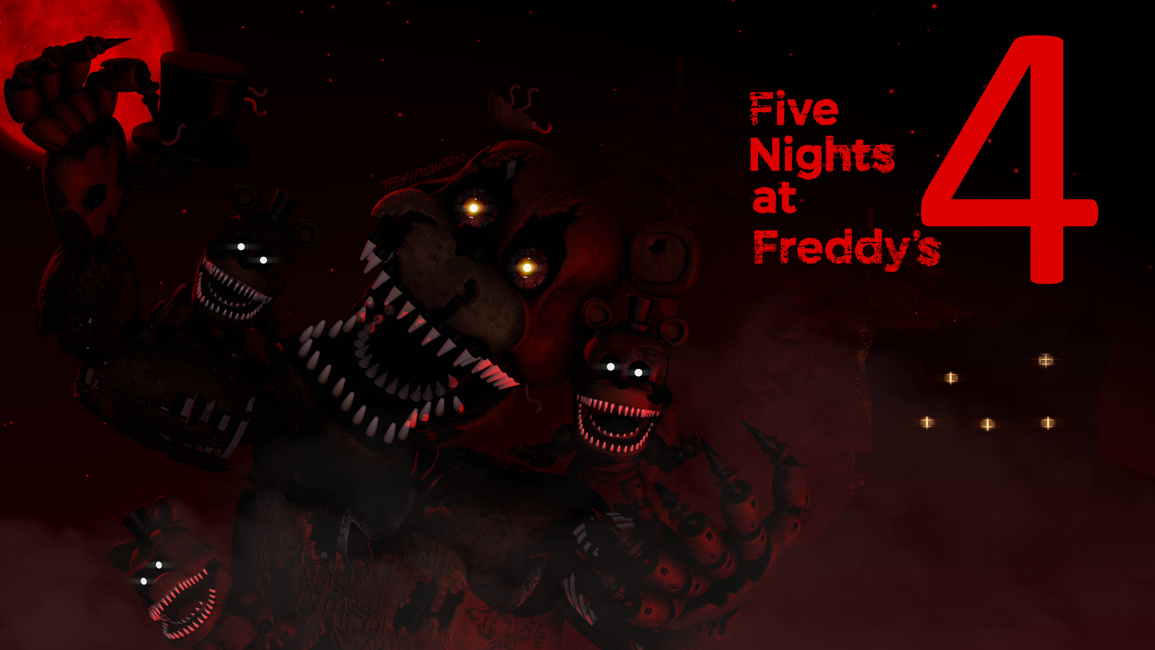 nightmare 桌布 壁紙 — 令人毛骨悚然的電子動畫角色，眼睛發光，在《Five Nights at Freddy's 4》的暗紅色恐怖場景中若隱若現。