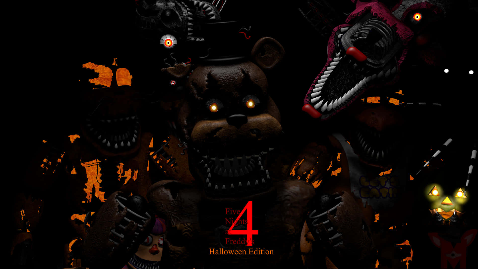 Five Nights At Freddys 4 桌布 壁紙 — 令人毛骨悚然的電子動畫角色，眼睛發光，在黑暗中若隱若現，伴隨橙色燈光和紅色數字四。