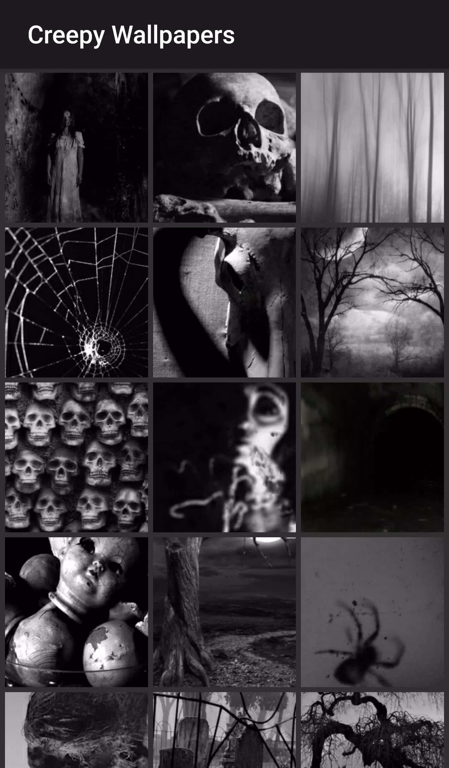 Creepy Aesthetic 桌布 壁紙 — 令人毛骨悚然的黑白拼貼畫，包含頭骨、蜘蛛網、玩偶和鬼森林等怪異圖像，喚起恐懼。
