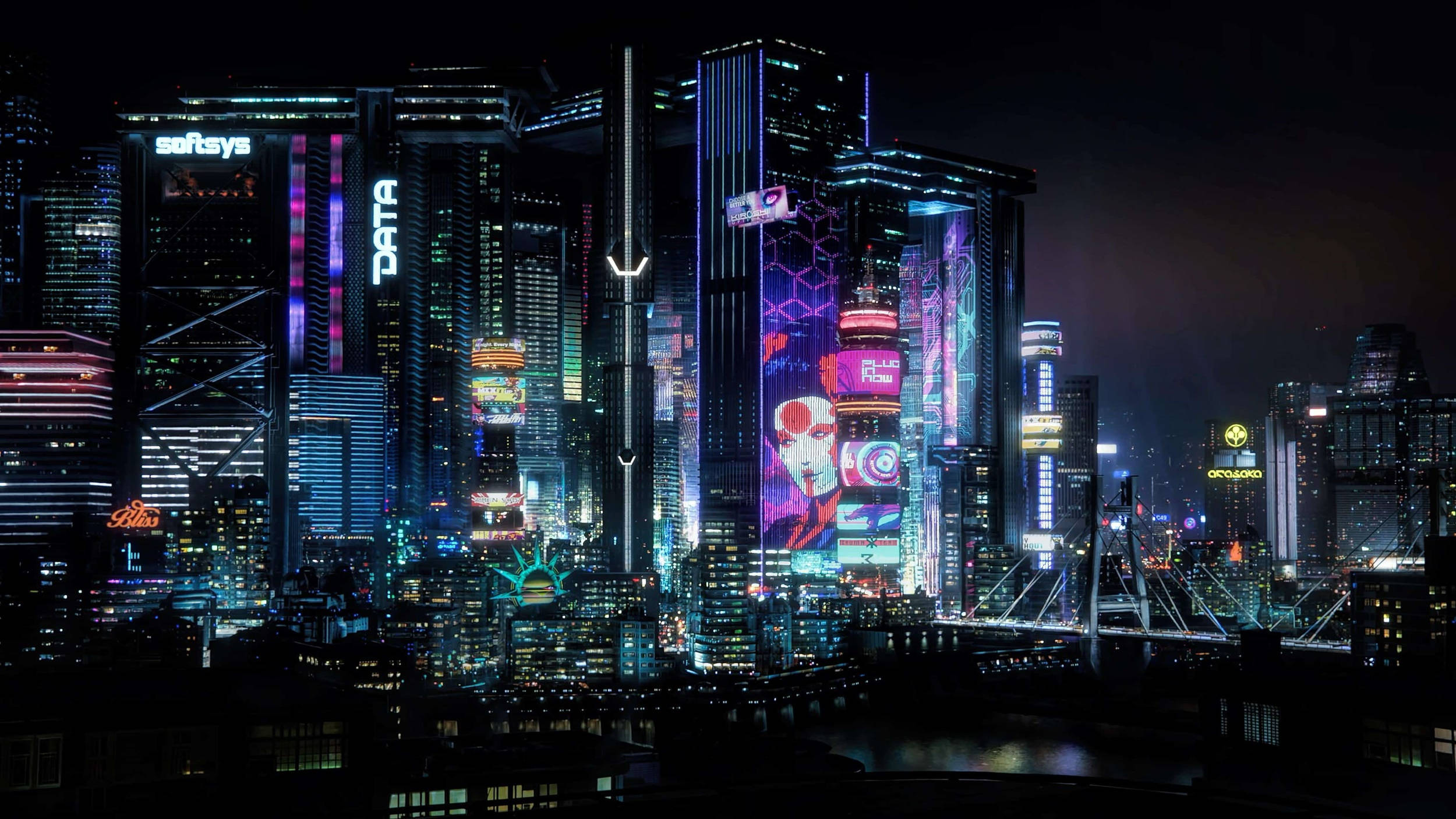 電玩遊戲 桌布 壁紙 — 令人目眩的夜景，高聳的摩天大樓閃爍著鮮豔的霓虹燈光和數位廣告牌，倒映在水面上。