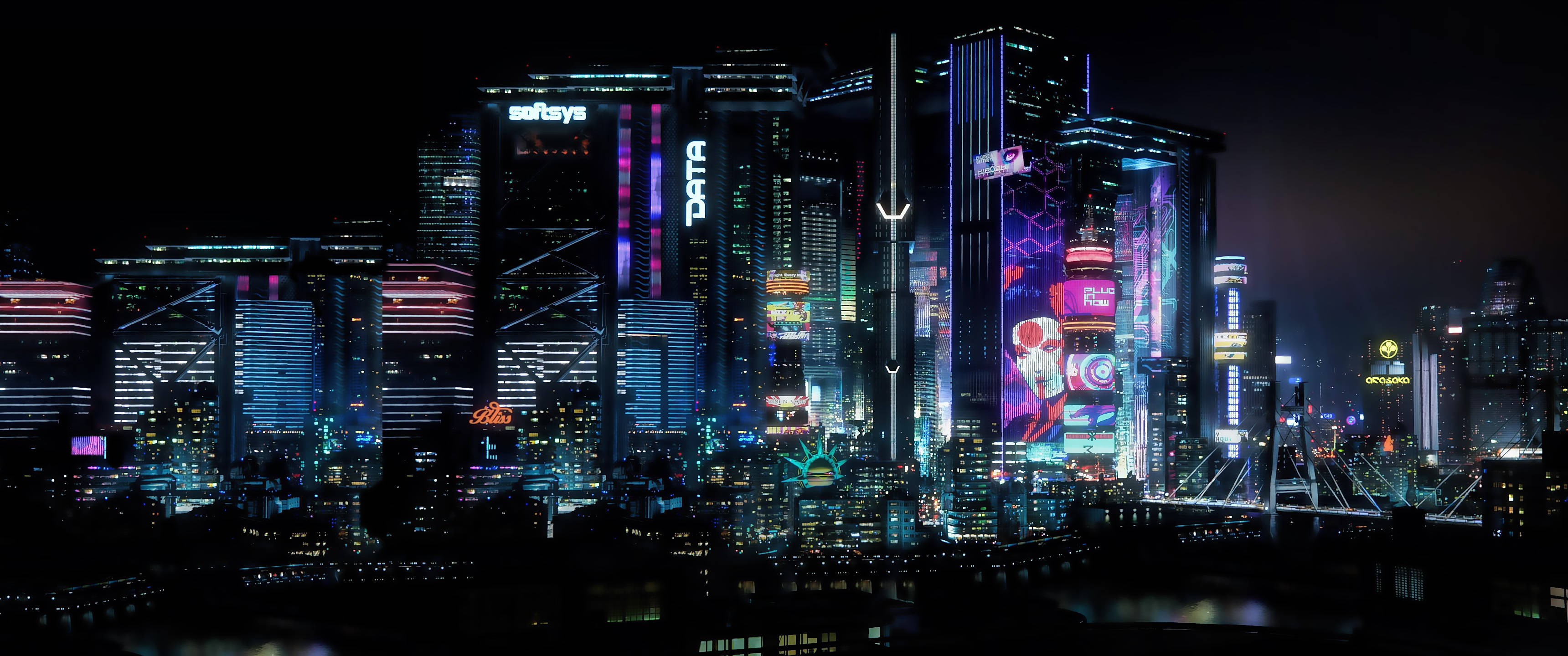 桌布 壁紙 — 令人眼花撩亂的夜景，高聳的摩天大樓閃爍著霓虹燈和數位廣告牌，倒映在水面上。