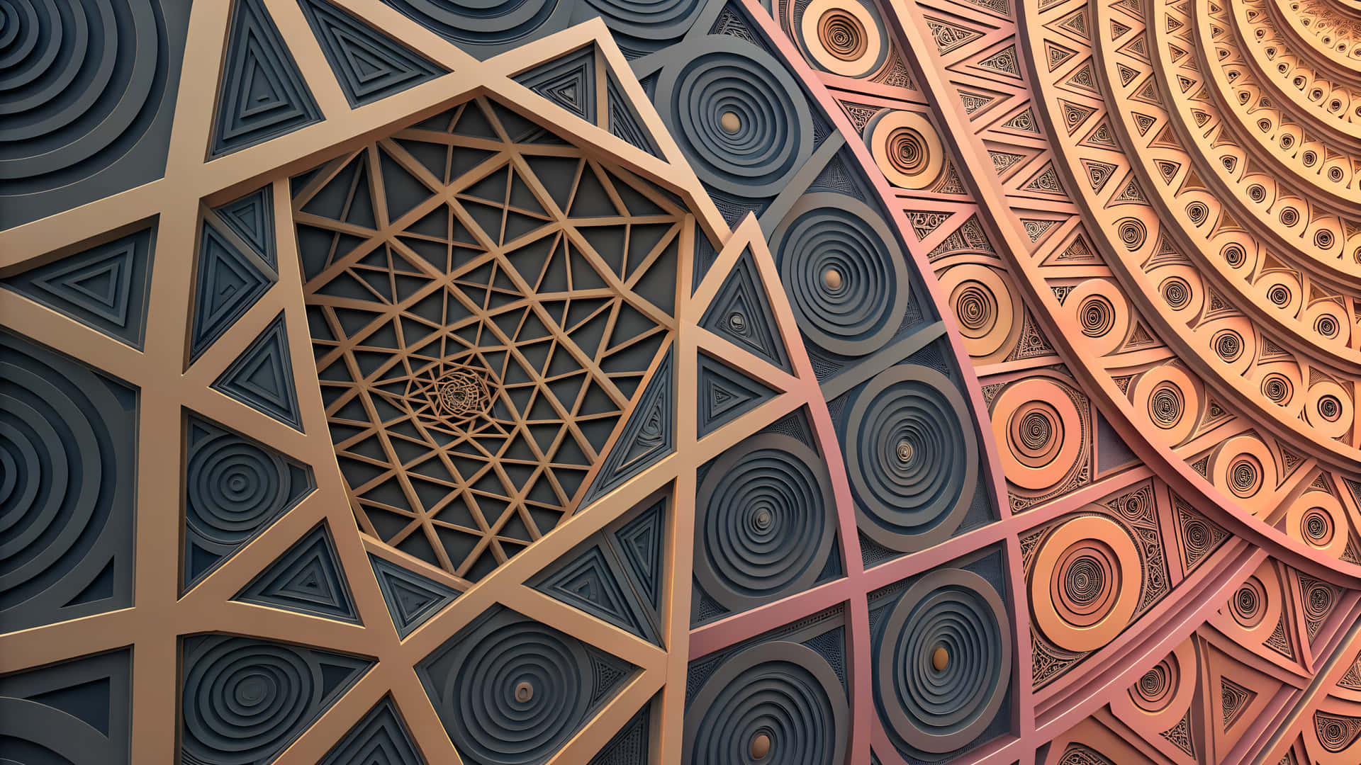 Intricate Geometric and Floral Design—Architectural Art 壁紙 — 令人著迷的3D幾何壁紙，帶有金銅色和深藍色的同心圓及三角形圖案。