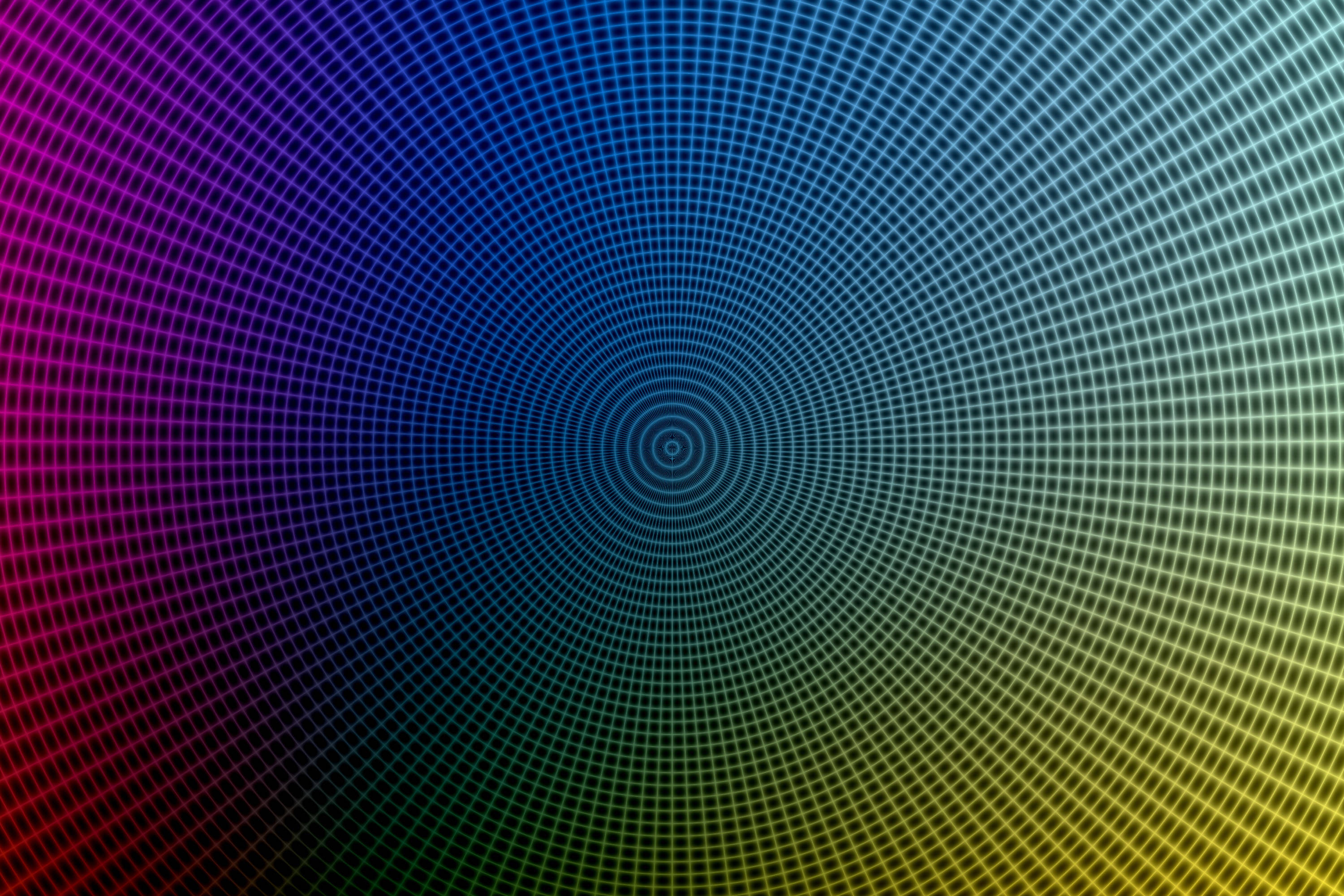 Illusion 桌布 壁紙 — 令人著迷的彩虹色調數位漸層，通過網格圖案向外輻射，匯聚於中心點。